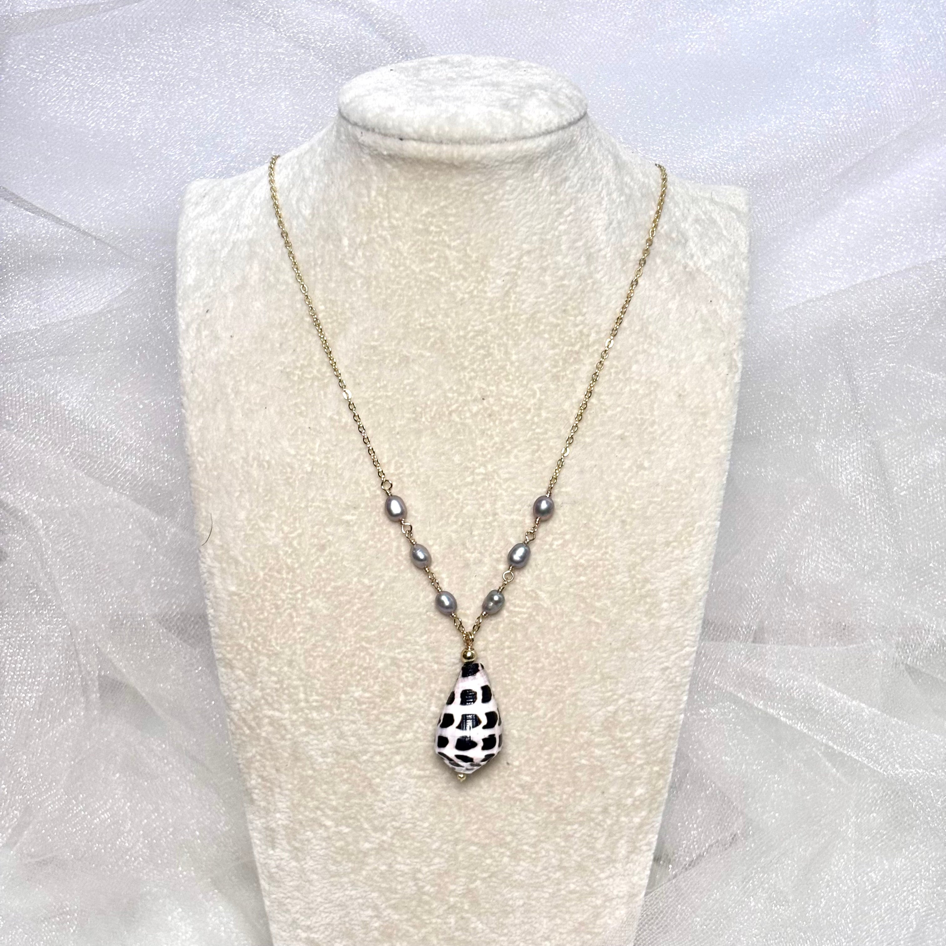 Hebrew cone shell Necklace w/ light gray pearl