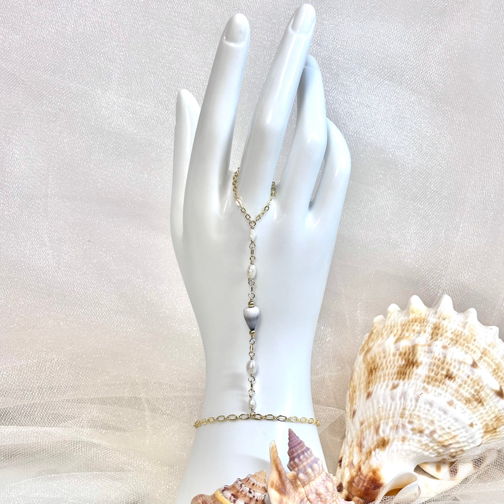 Cone shell handchain w/ white pearls