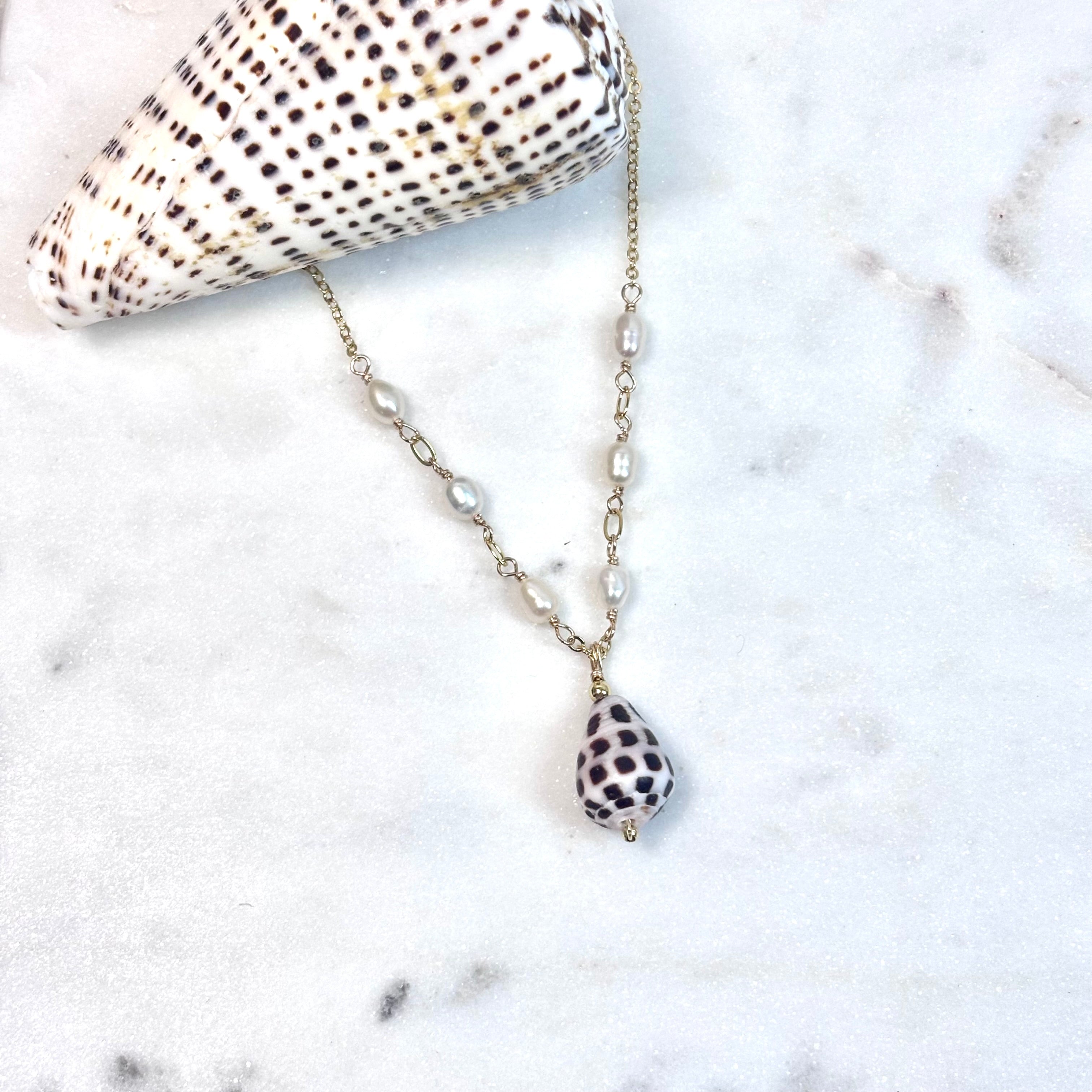 Hebrew cone shell Necklace w/ white pearls