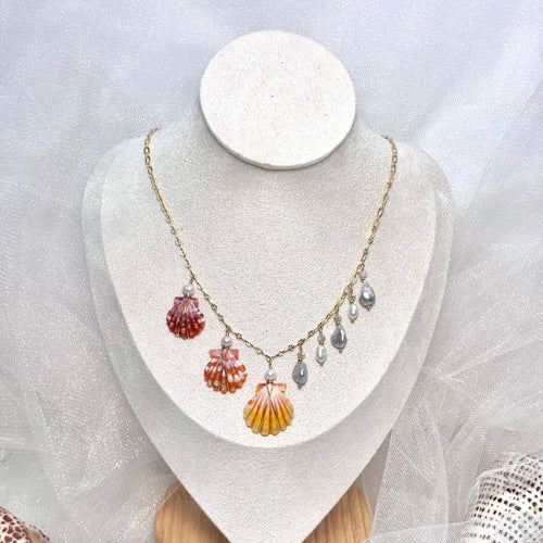 3 colors Hawaiian sunrise shell charm Necklace w/ light gray & white pearls