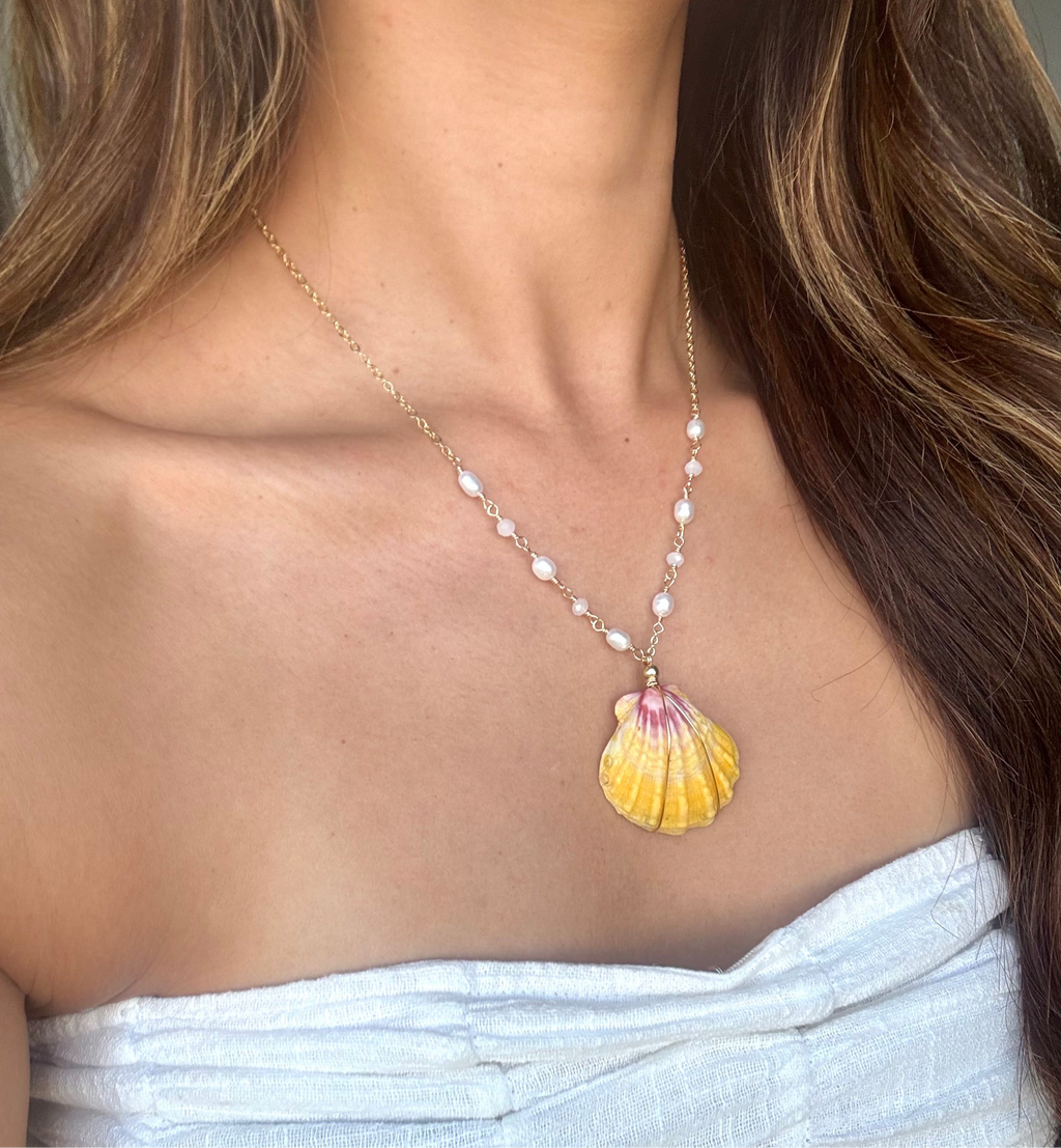 Hawaiian sunrise shell Necklace w/ white pearls