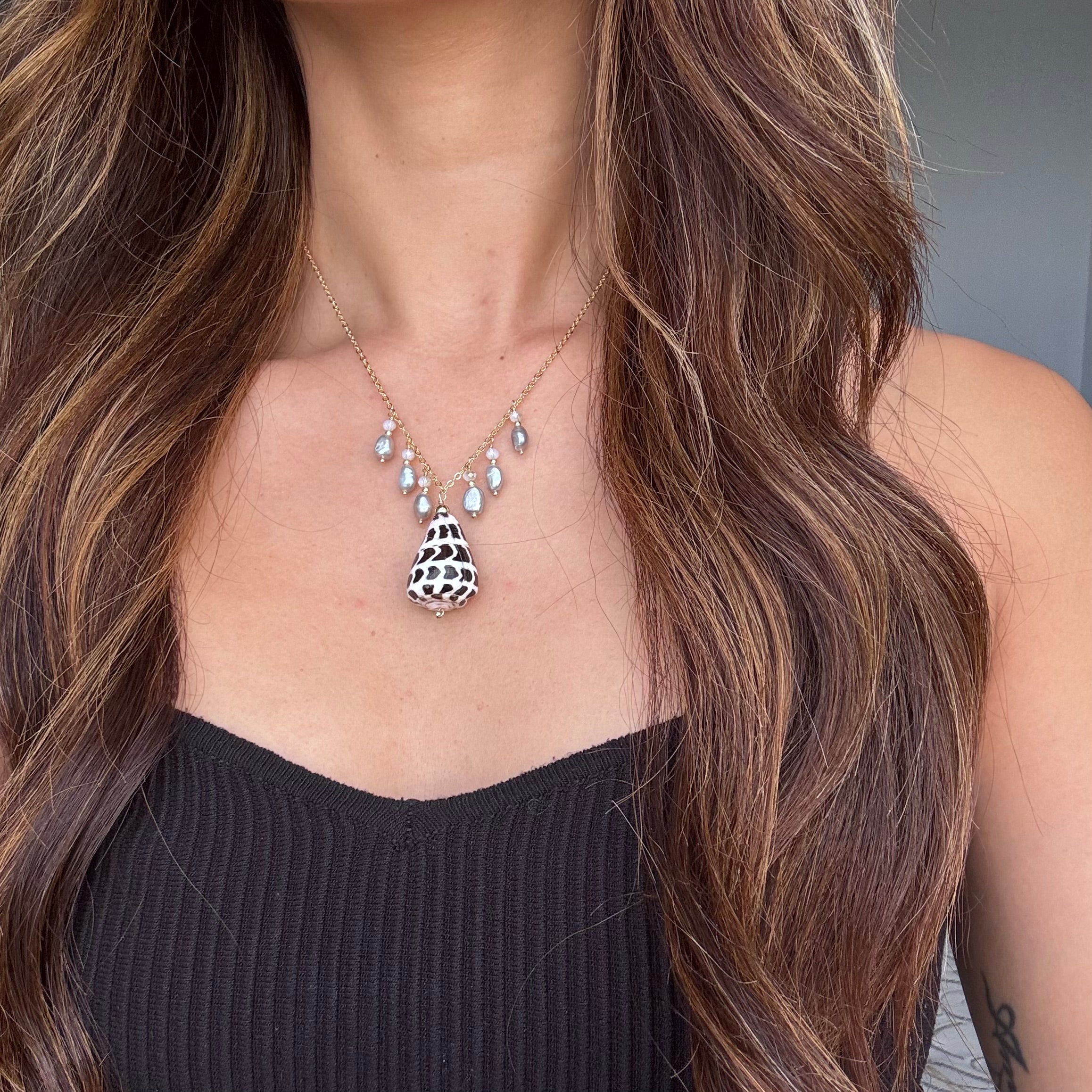 Hebrew cone shell charm Necklace w/ light gray pearls