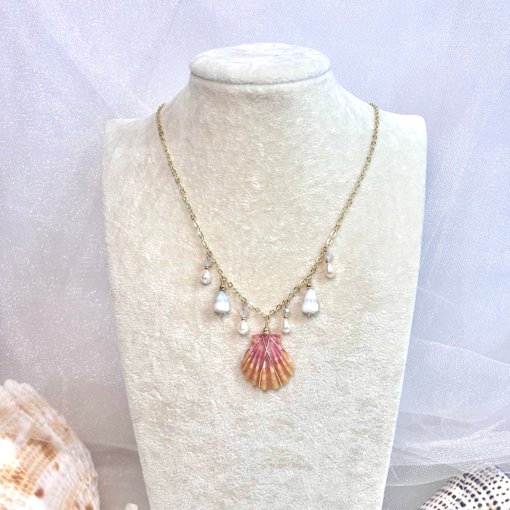Hawaiian sunrise shell charm Necklace w/ tiny cone and white pearls