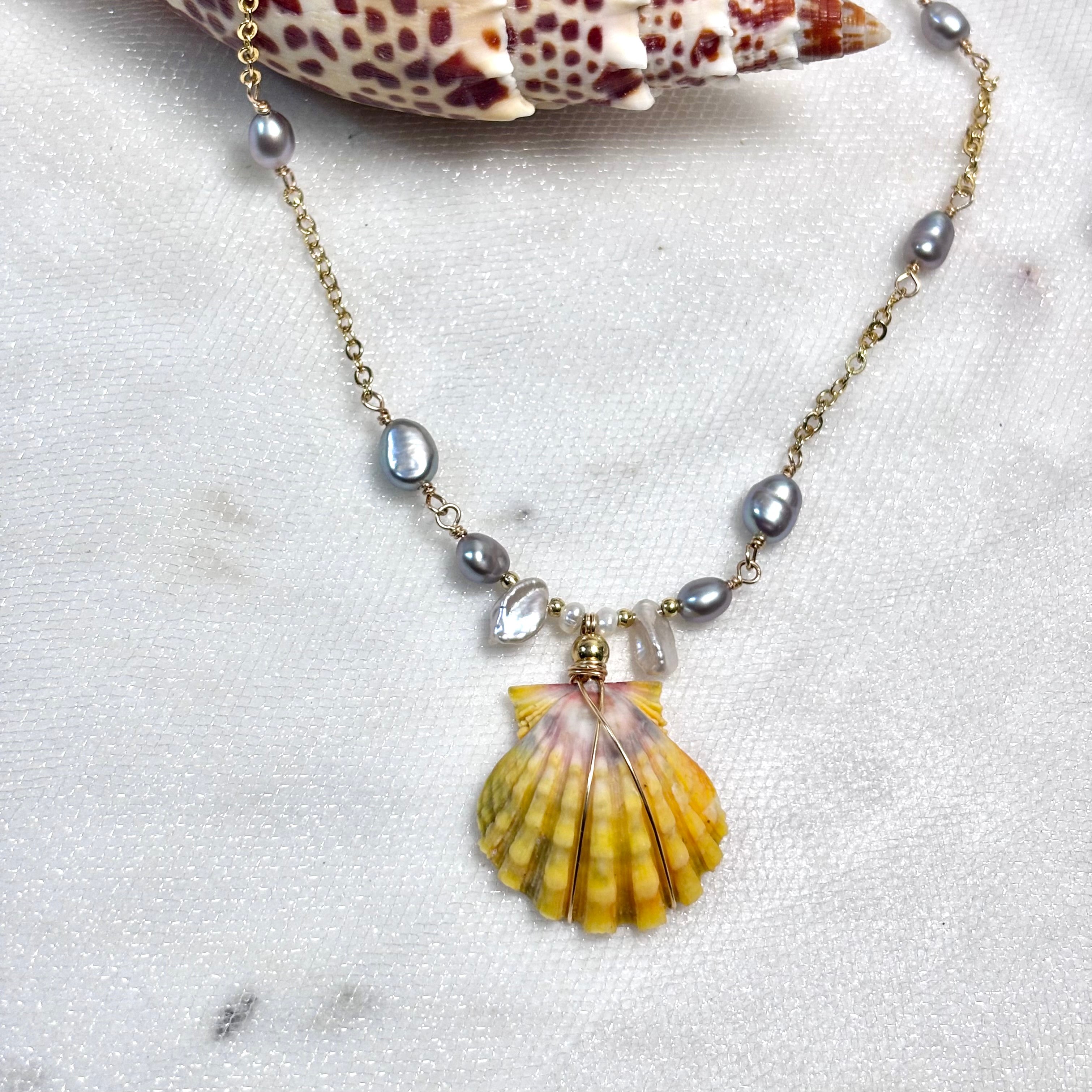 Hawaiian sunrise shell Necklace w/ gray pearls and Keshi pearls