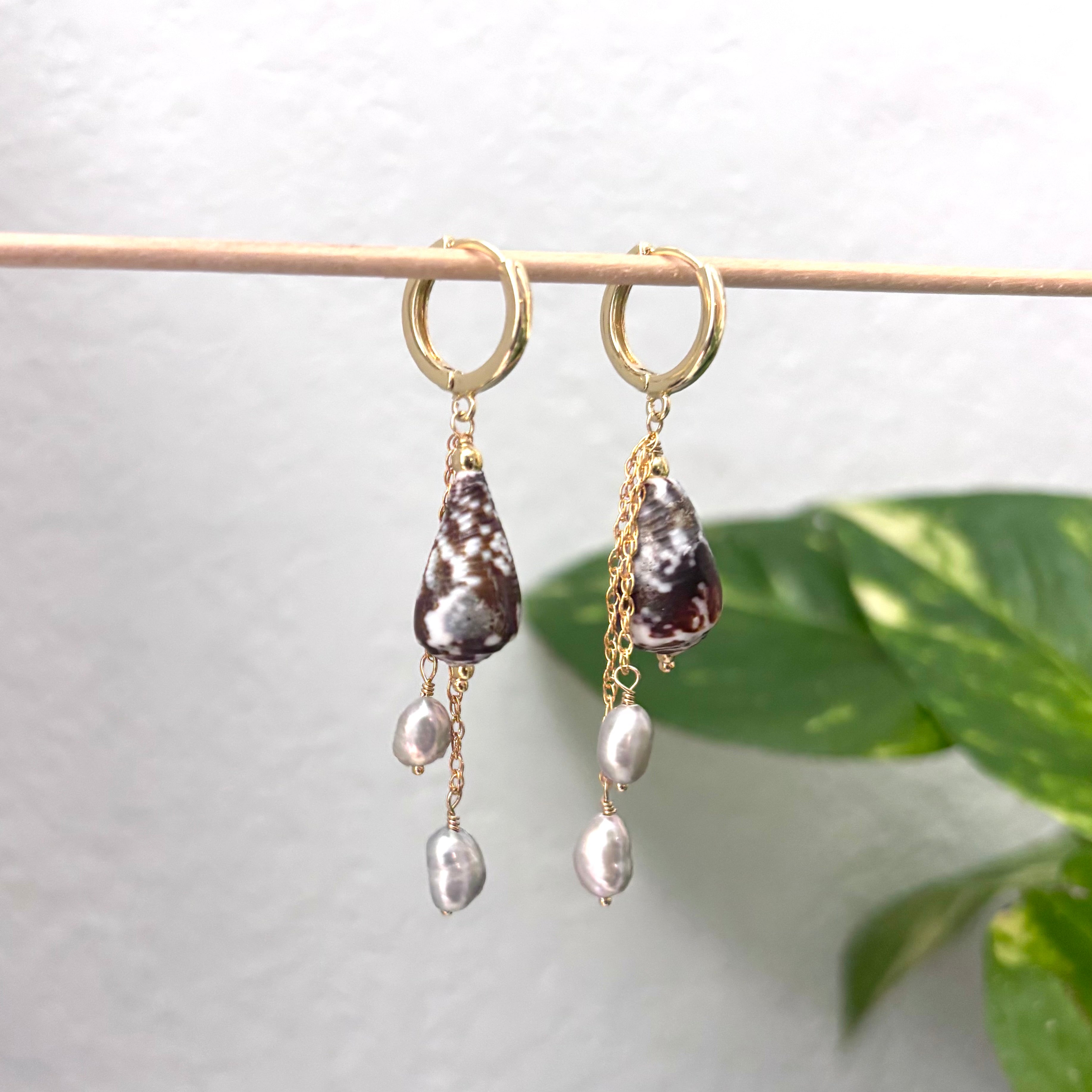 Cat cone shell Earrings w/ light gray pearls