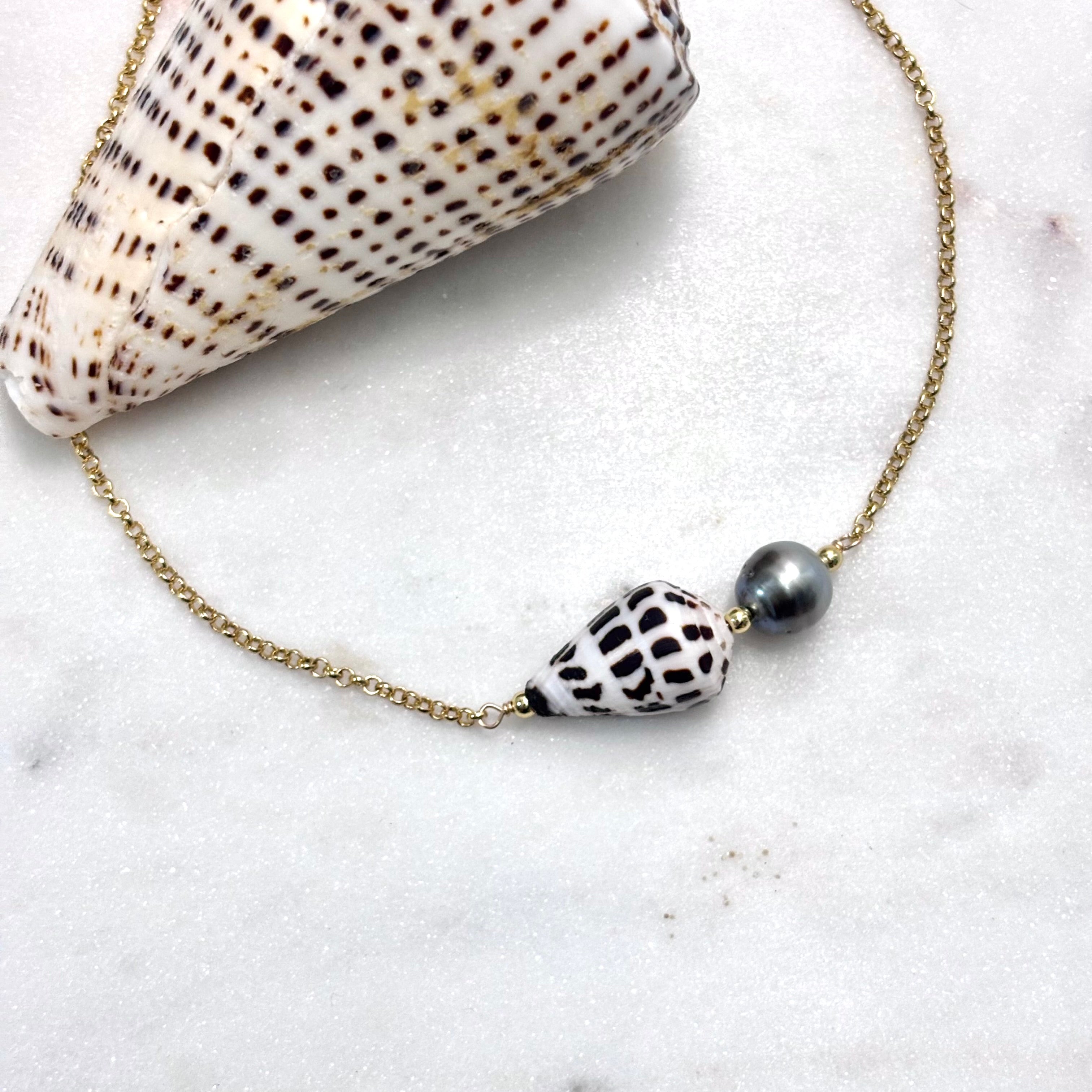 Hebrew cone shell Necklace w/ Tahitian pearls