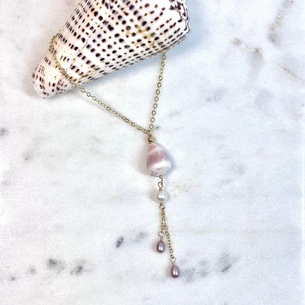 Abbreviated cone shell Lariat Necklace w/ white and pink pearls