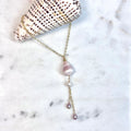 Abbreviated cone shell Lariat Necklace w/ white and pink pearls
