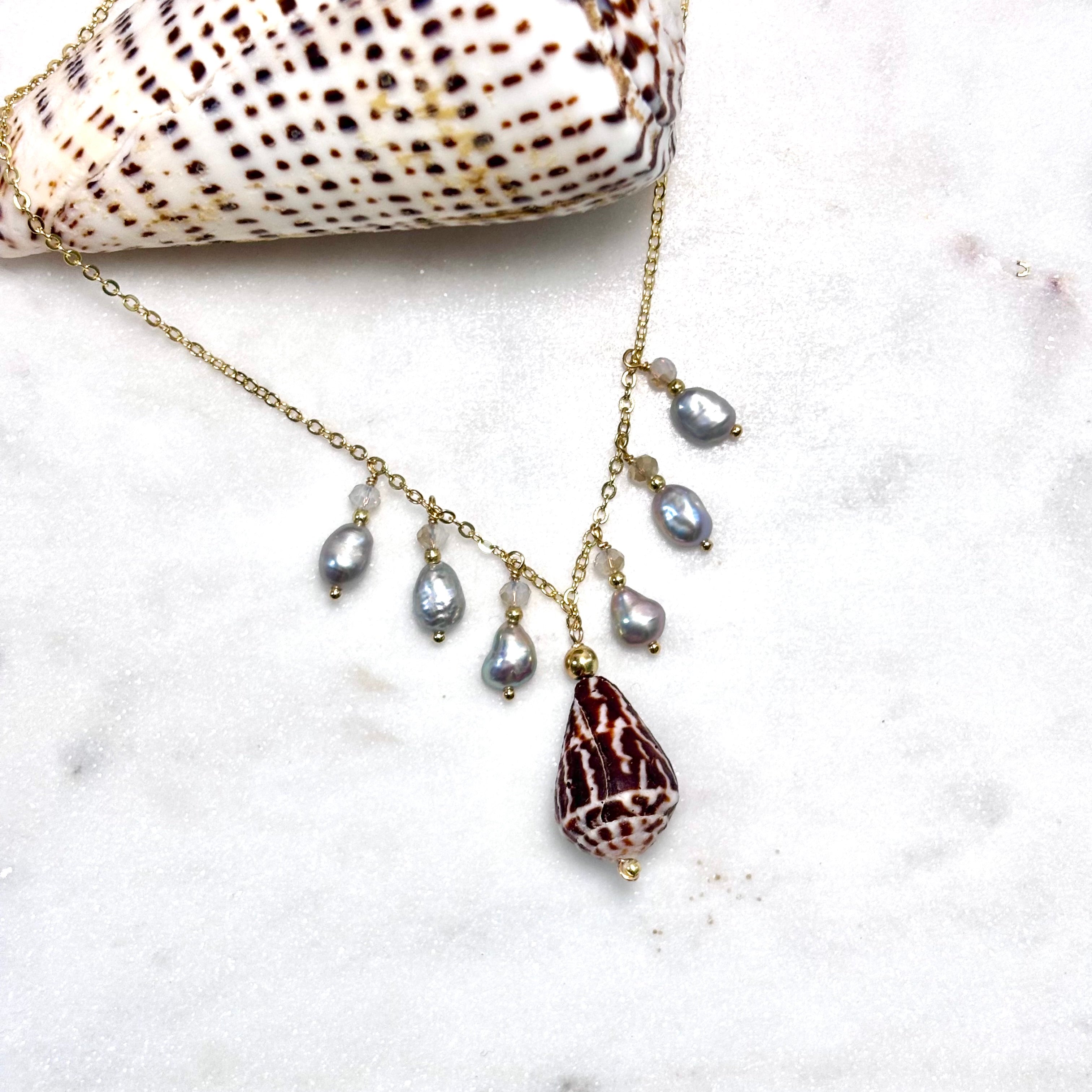 Chaldean cone shell charm Necklace w/ light gray pearls