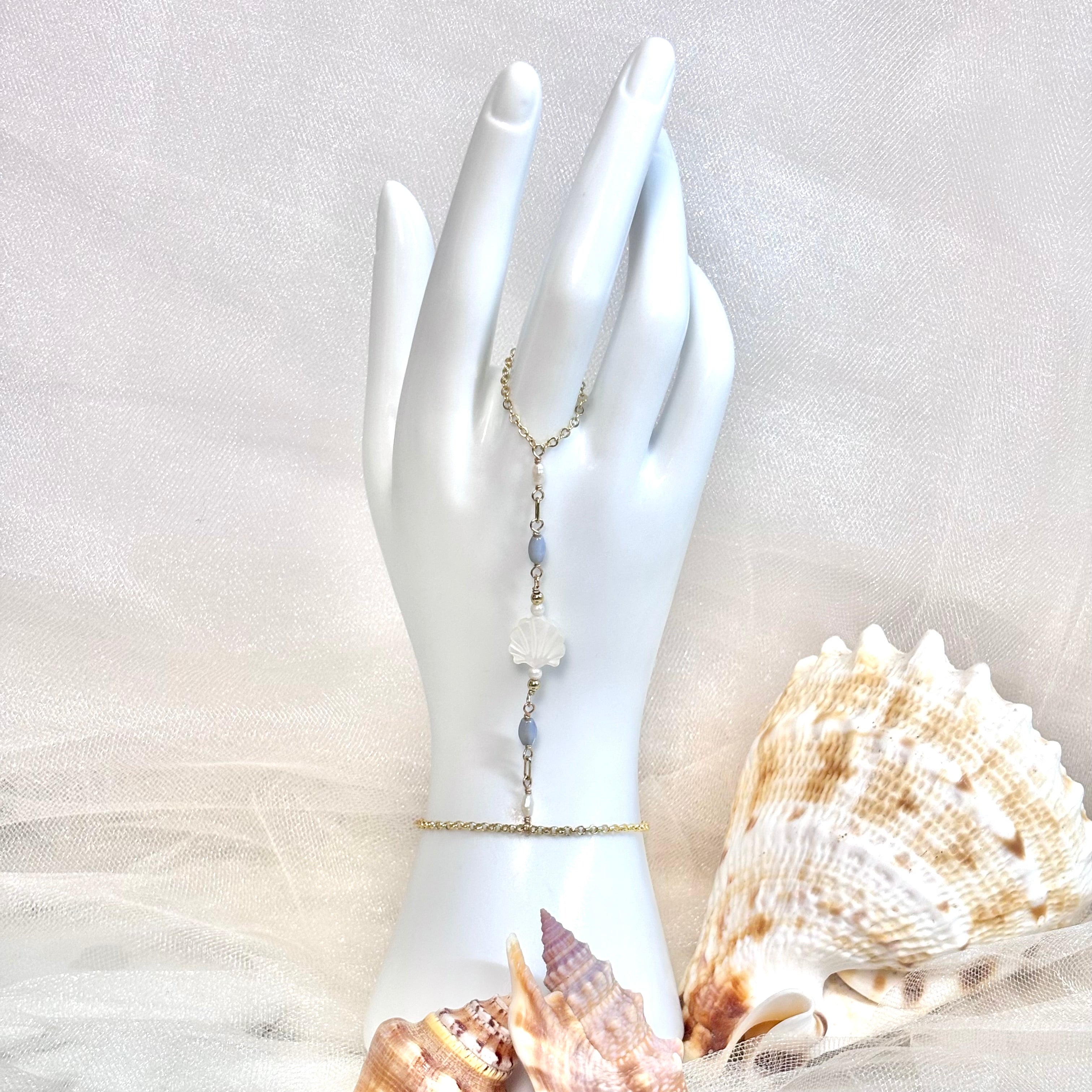 Shell bead handchain w/ white pearls