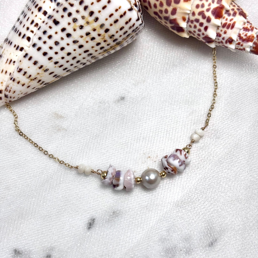 Light gray pearl Necklace w/ puka shells