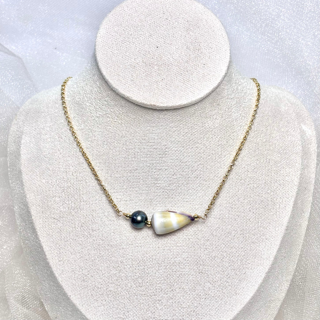 Golden yellow cone shell Necklace w/ Tahitian pearls