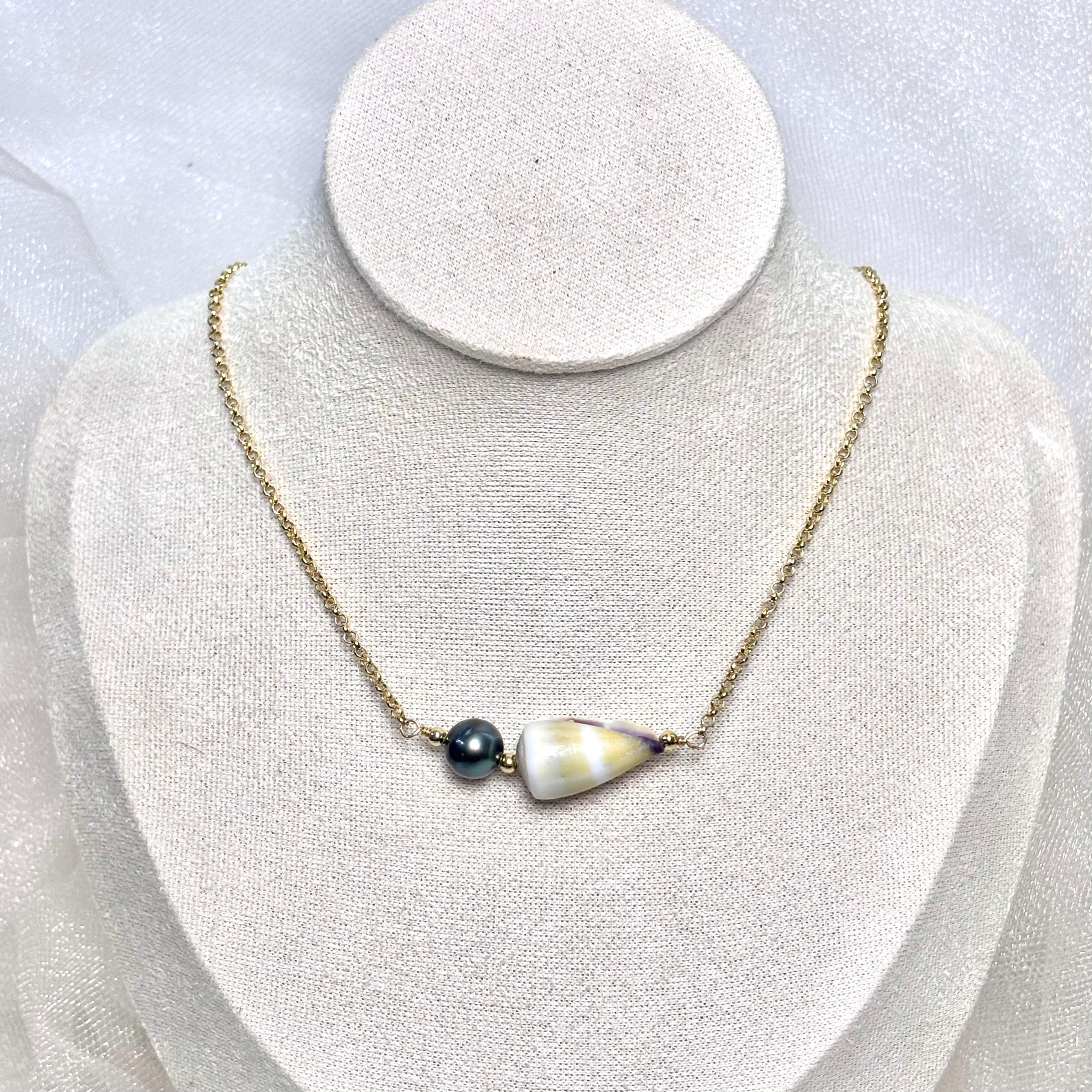 Golden yellow cone shell Necklace w/ Tahitian pearls