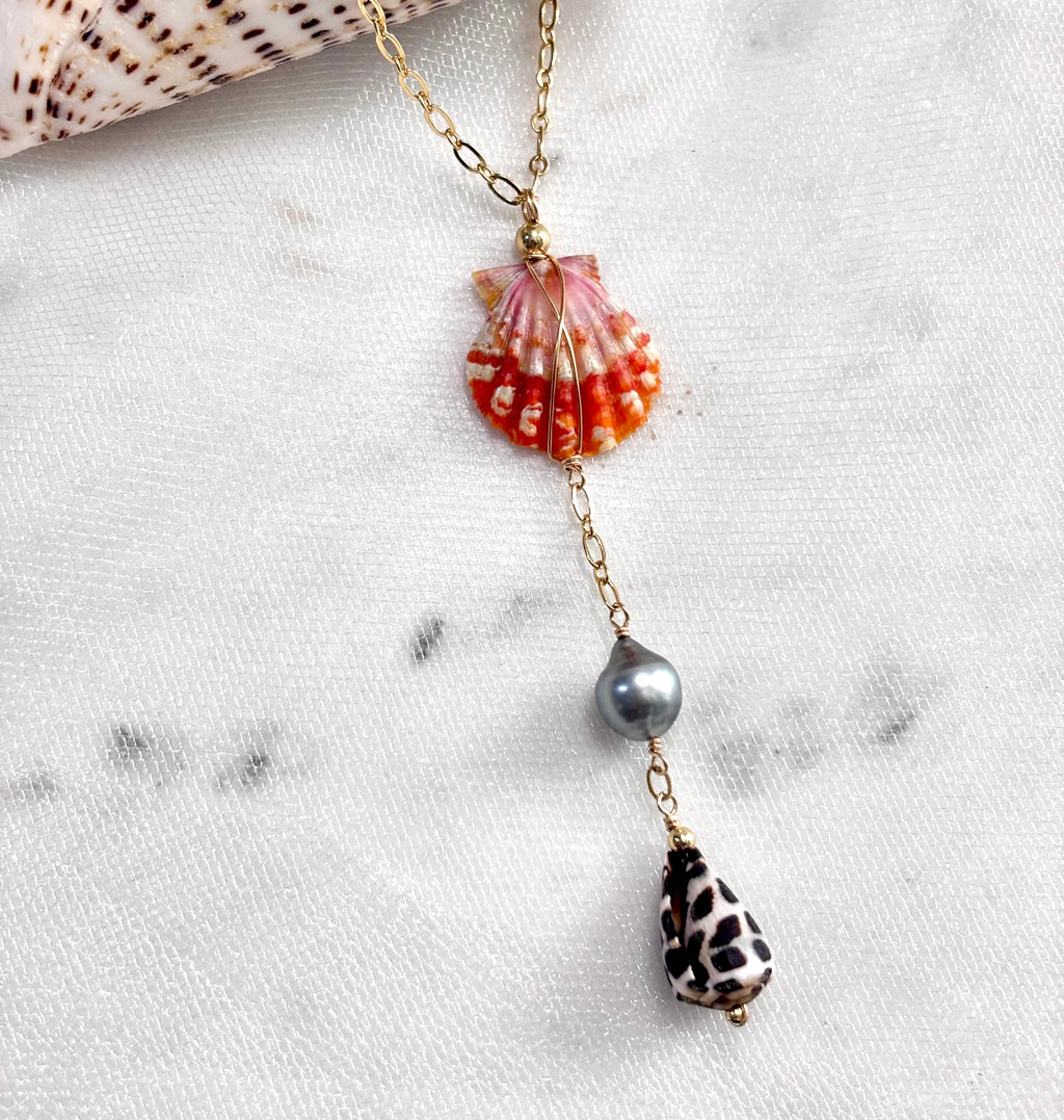 Hawaiian sunrise shell Necklace w/ Hebrew cone shell and Tahitian pearl