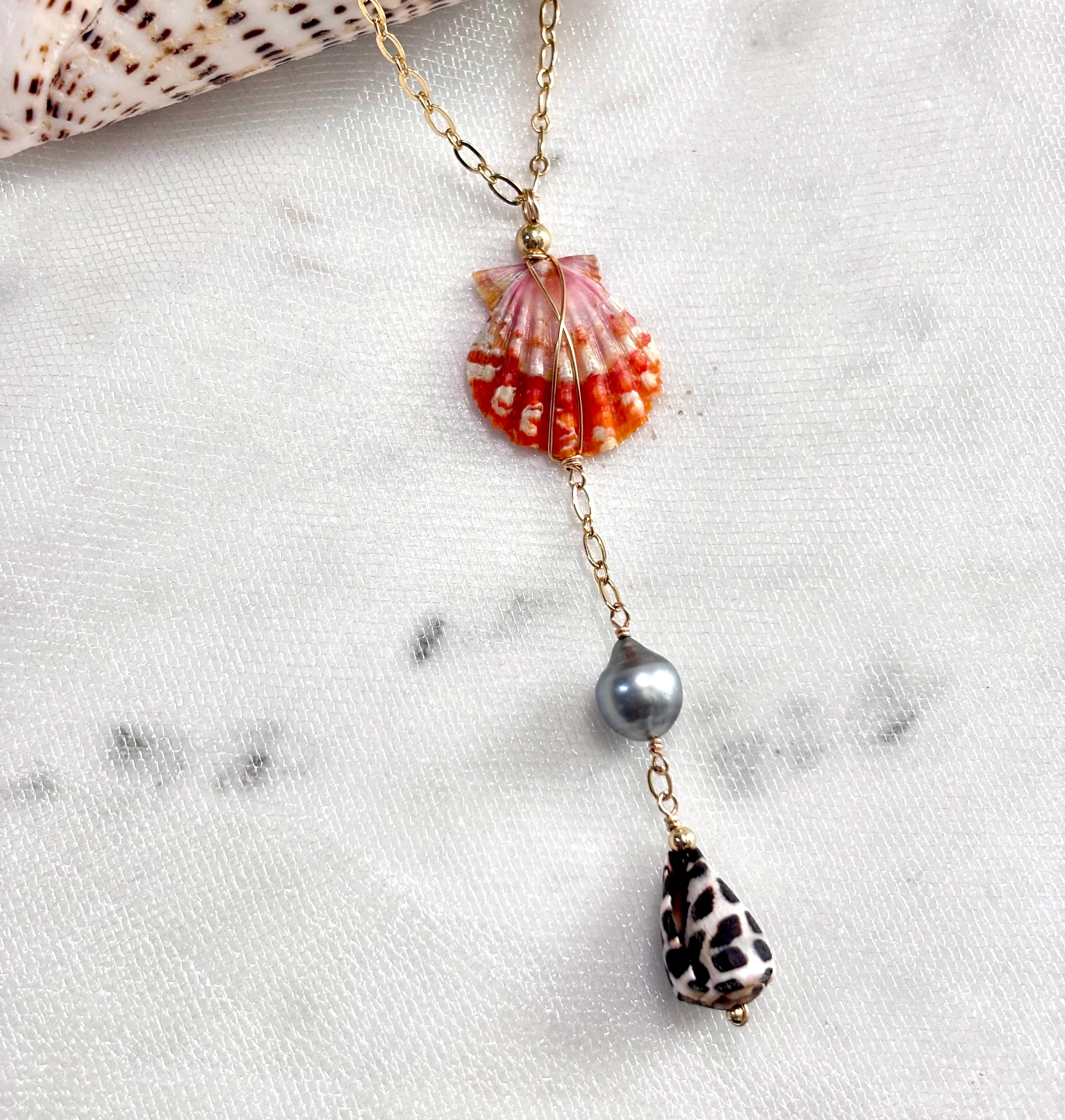Hawaiian sunrise shell Necklace w/ Hebrew cone shell and Tahitian pearl