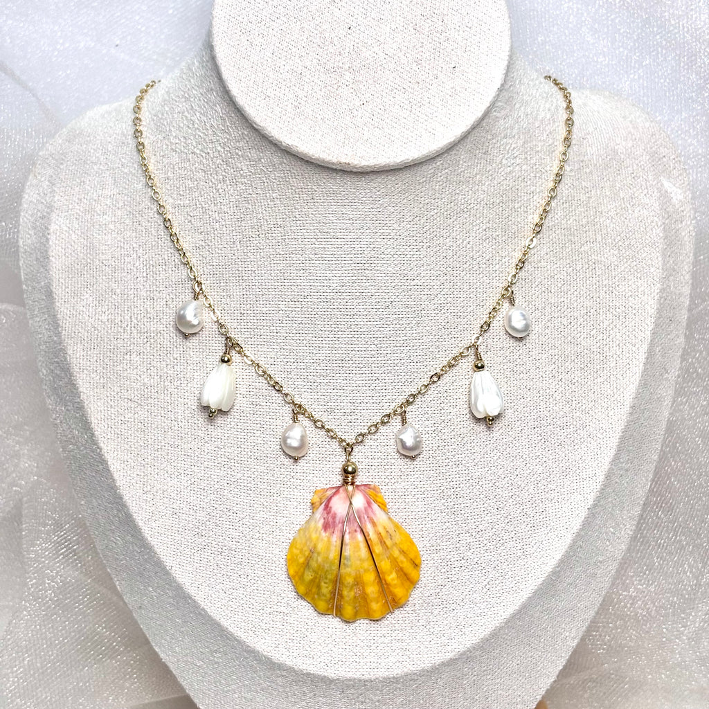 Hawaiian sunrise shell Necklace w/ white pearls and Pikake