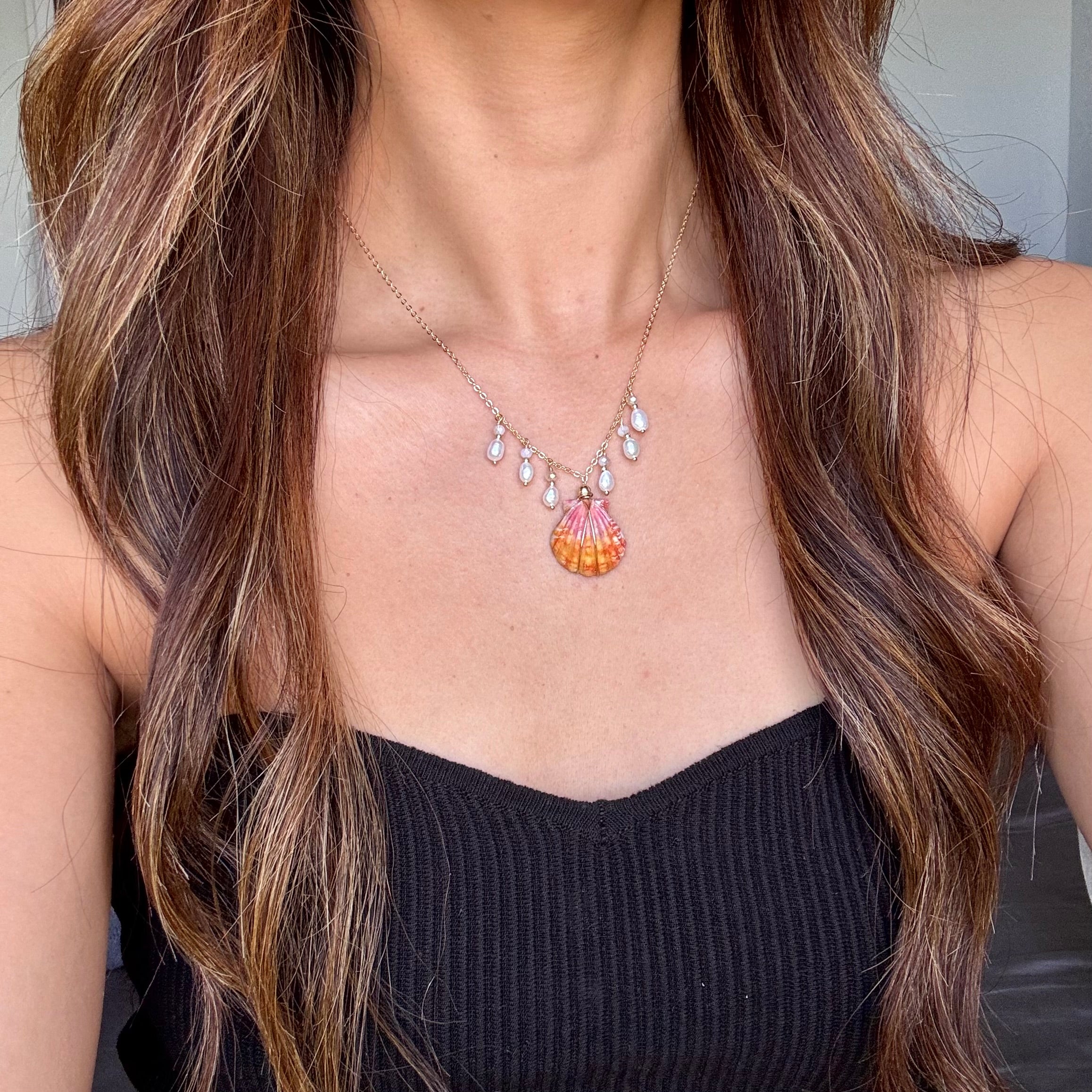 Hawaiian sunrise shell charm Necklace w/ white pearls