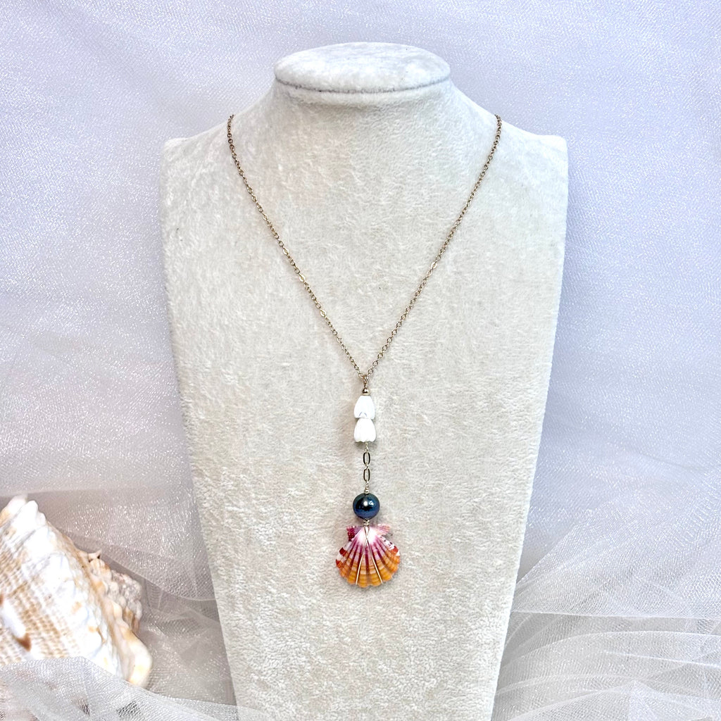 Hawaiian sunrise shell Necklace w/ Tahitian pearl and pikake