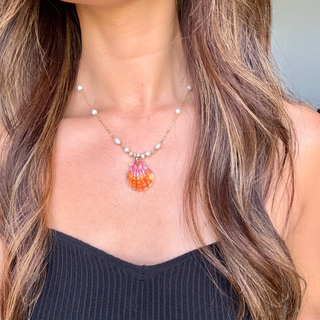 Hawaiian sunrise shell Necklace w/ white pearls
