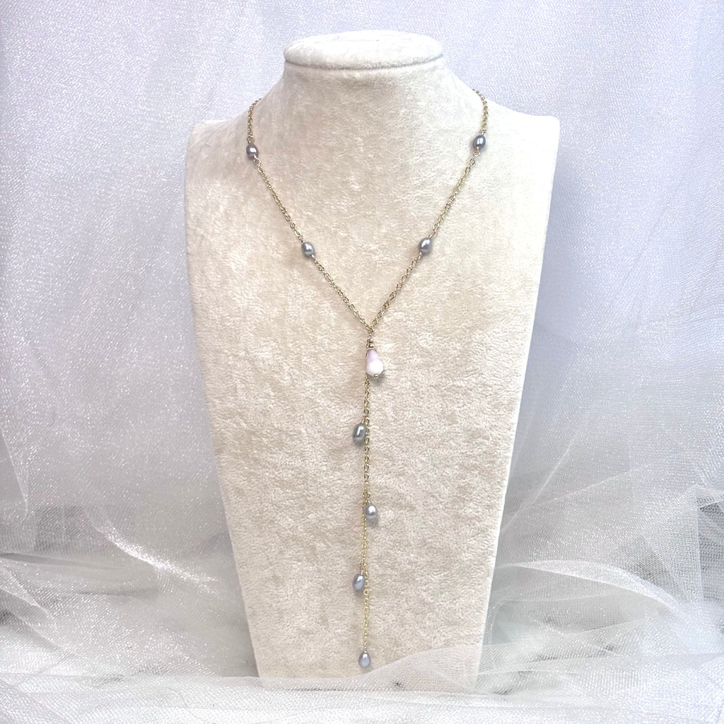 Light gray pearls lariat Necklace w/ tiny cone
