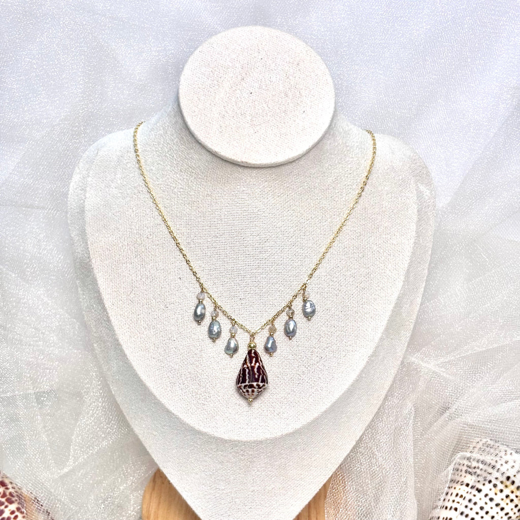 Chaldean cone shell charm Necklace w/ light gray pearls