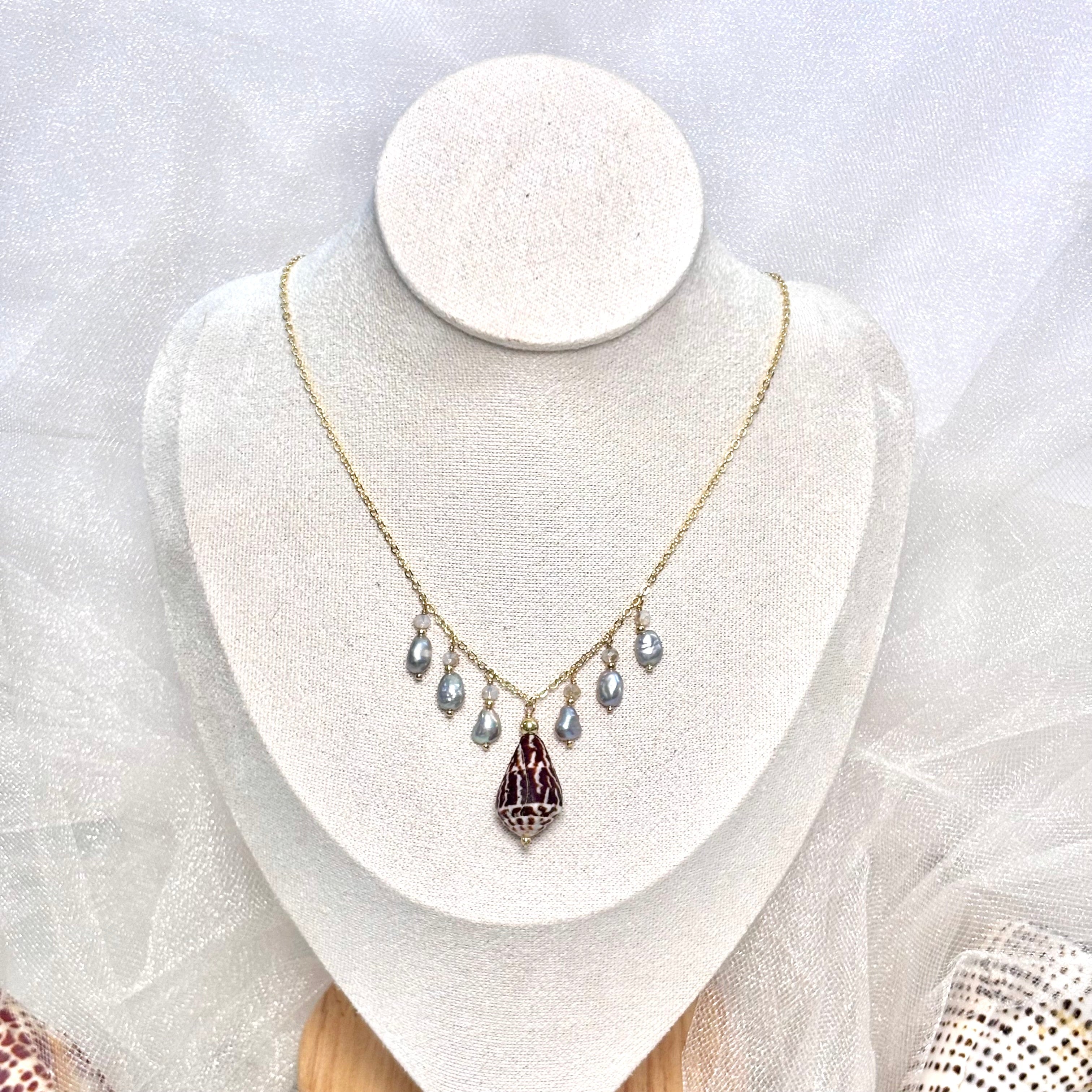 Chaldean cone shell charm Necklace w/ light gray pearls