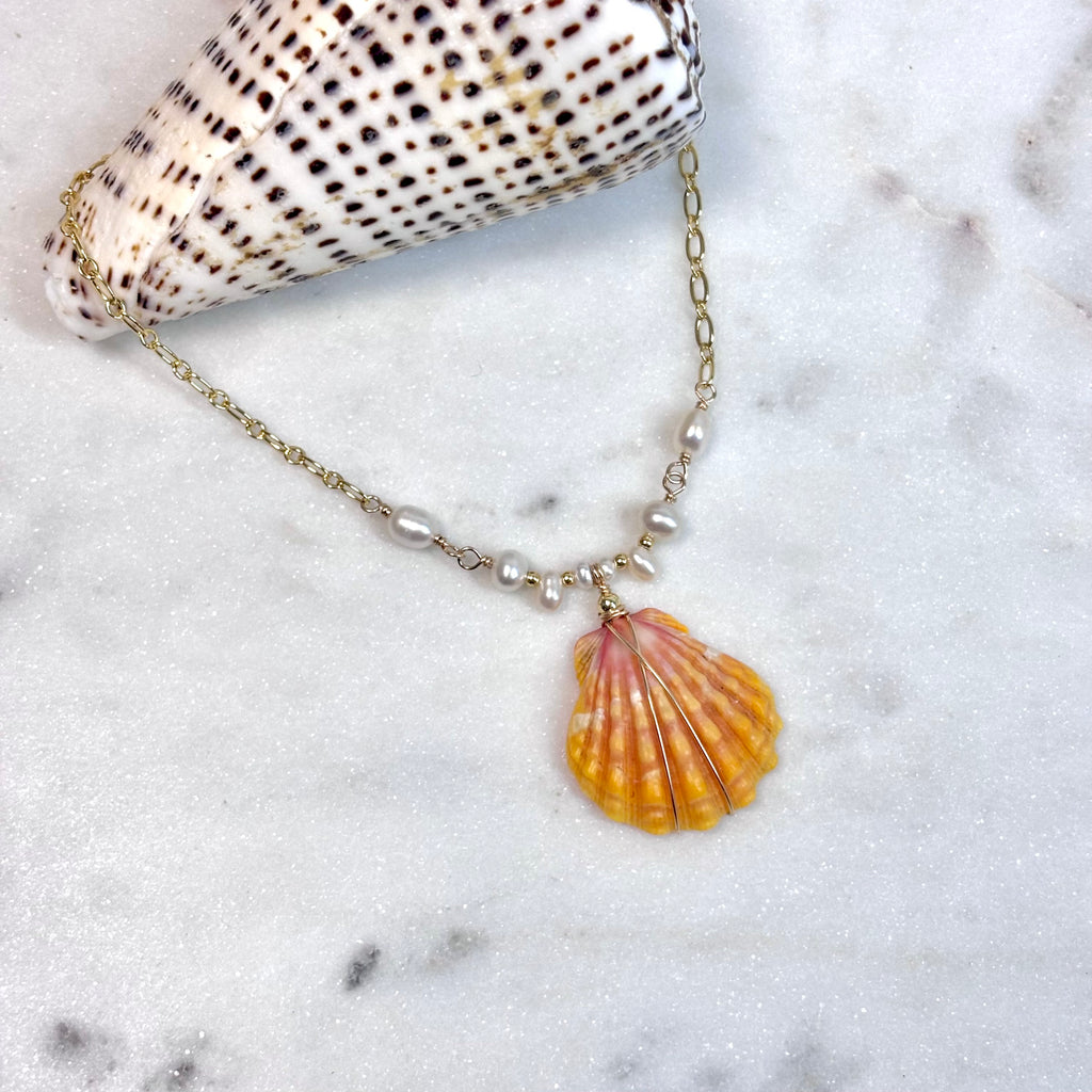 Hawaiian sunrise shell Necklace w/ white pearls