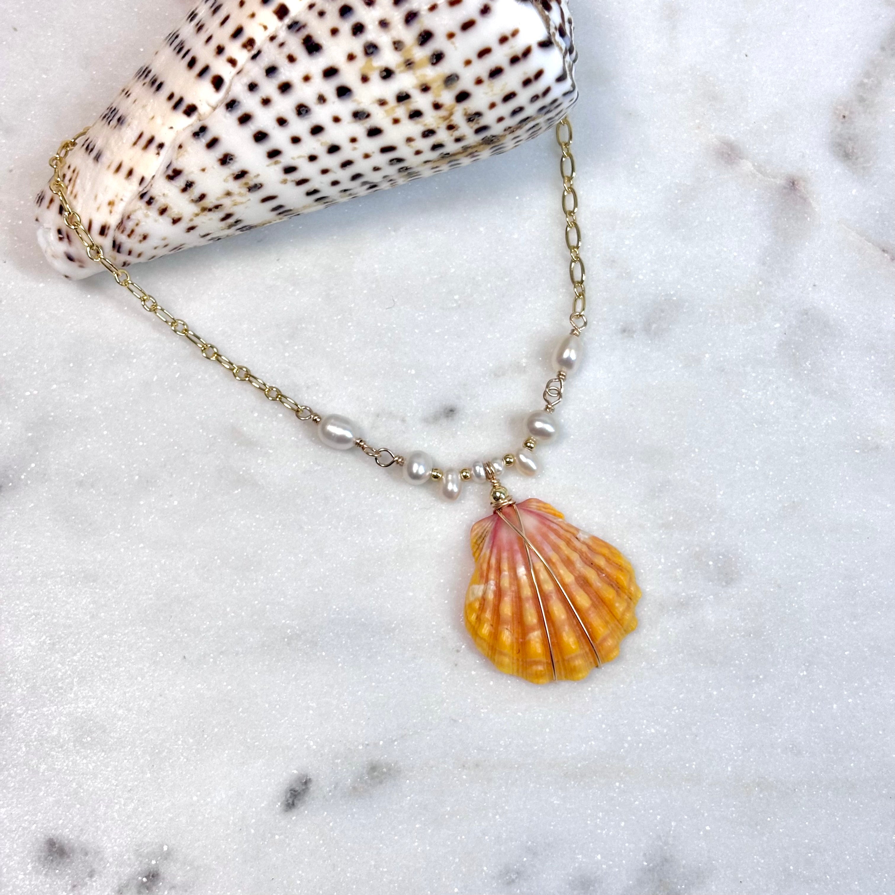 Hawaiian sunrise shell Necklace w/ white pearls