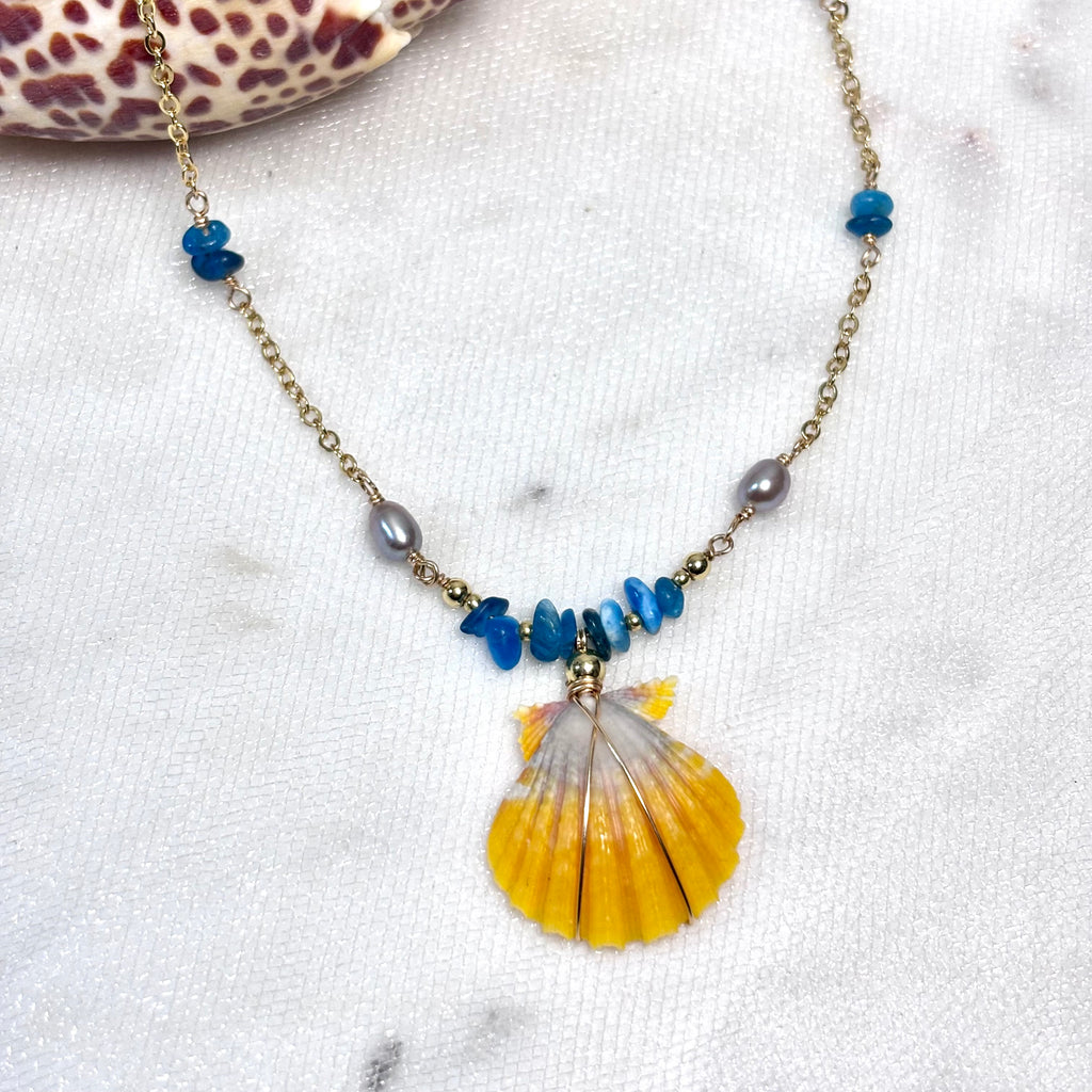 Hawaiian sunrise shell Necklace w/ pearls and ocean blue stone