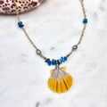 Hawaiian sunrise shell Necklace w/ pearls and ocean blue stone