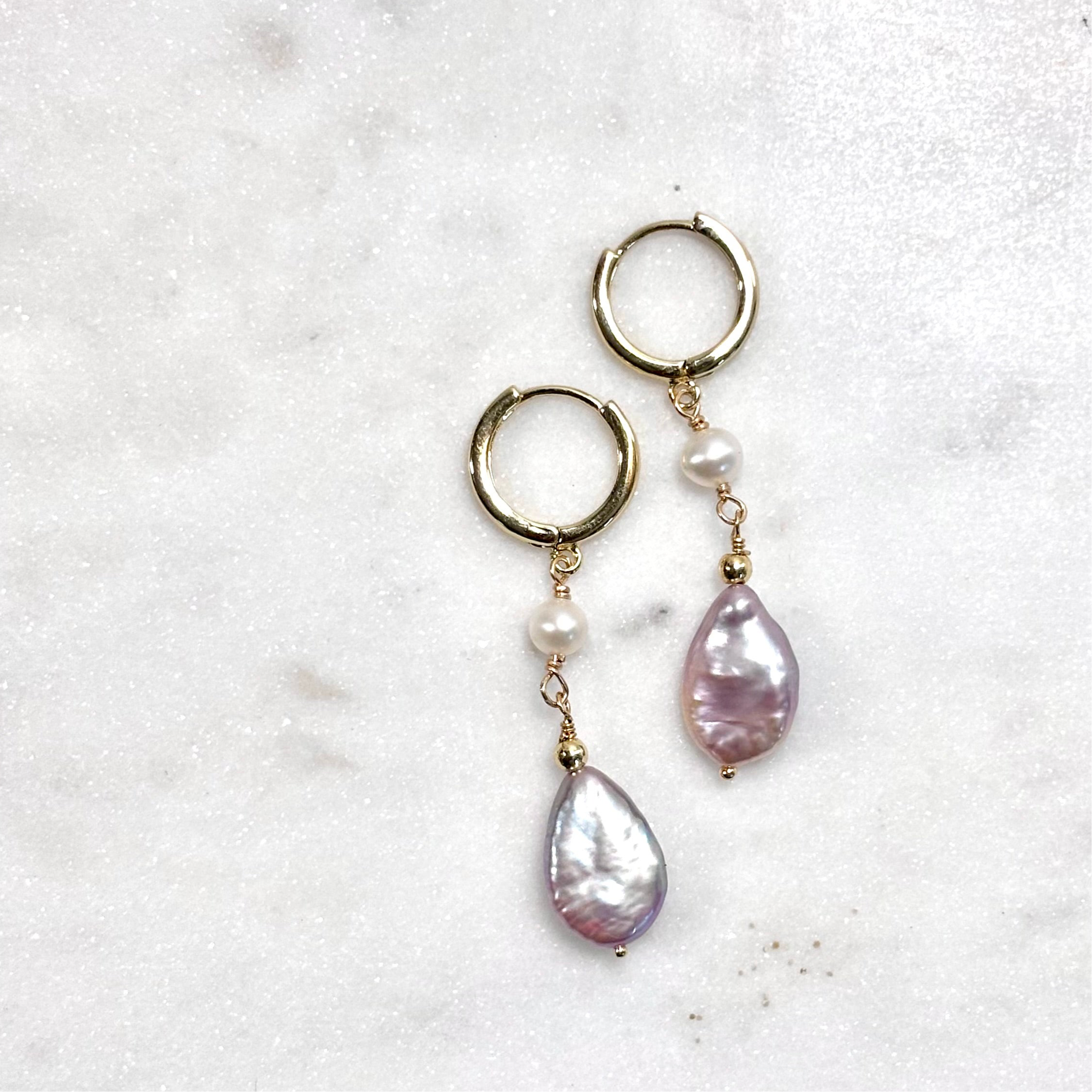 Pink teardrop Earrings w/ white pearls