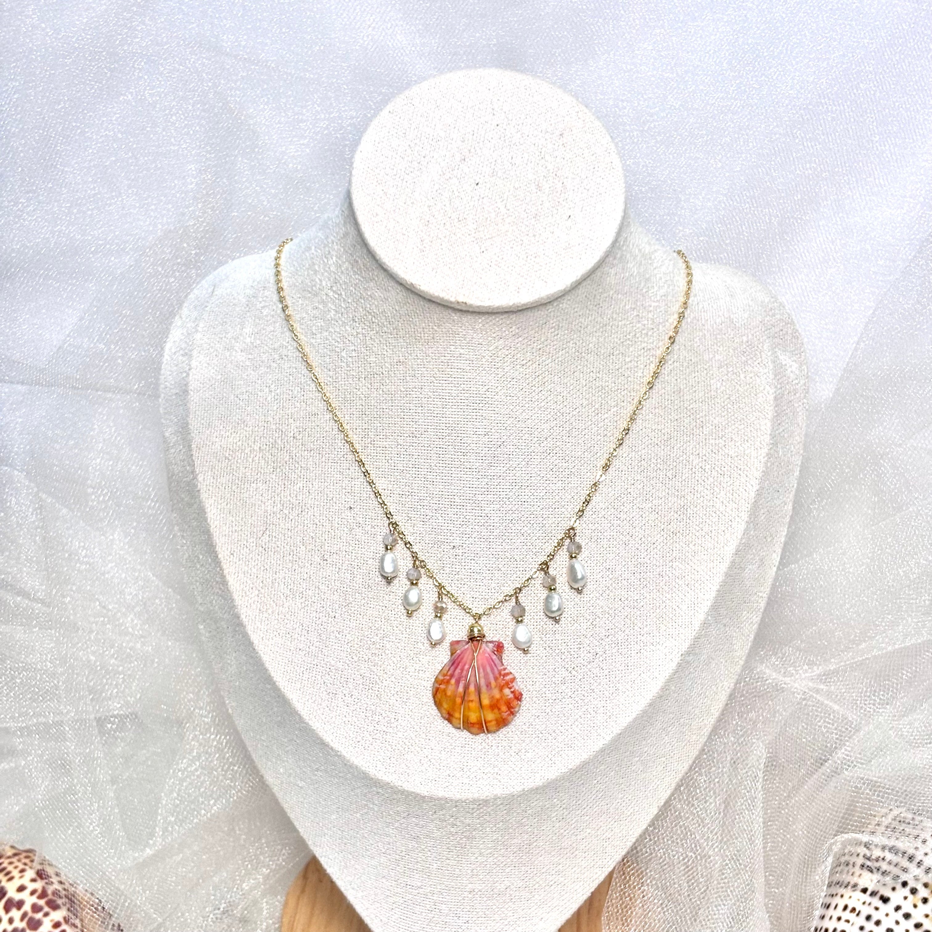 Hawaiian sunrise shell charm Necklace w/ white pearls