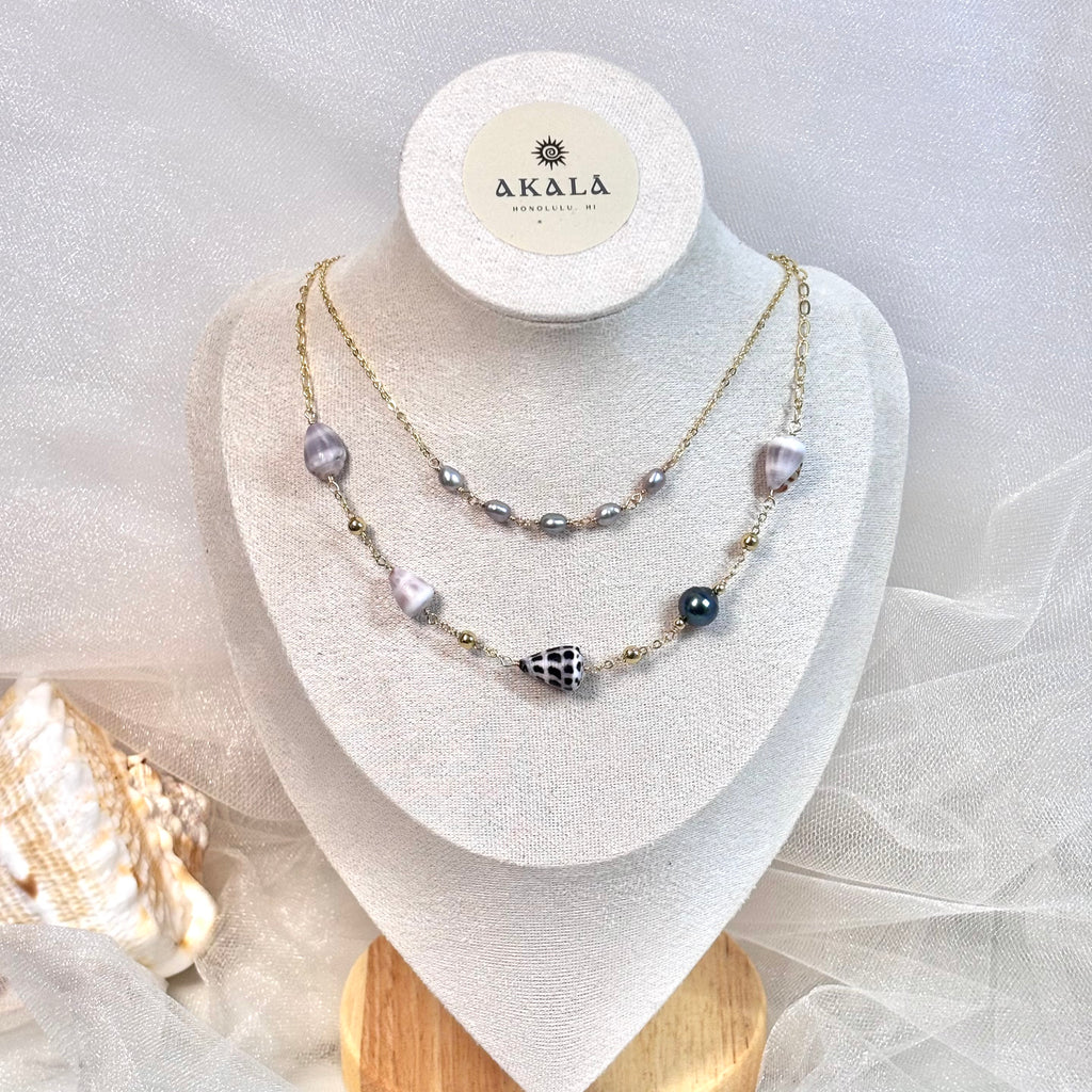 Multiple mini cone shell Necklace w/ Tahitian pearls