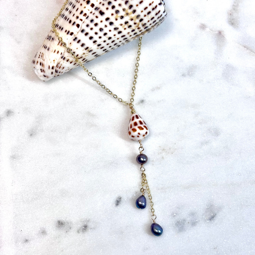 Hebrew cone shell Lariat Necklace w/ dark pearls