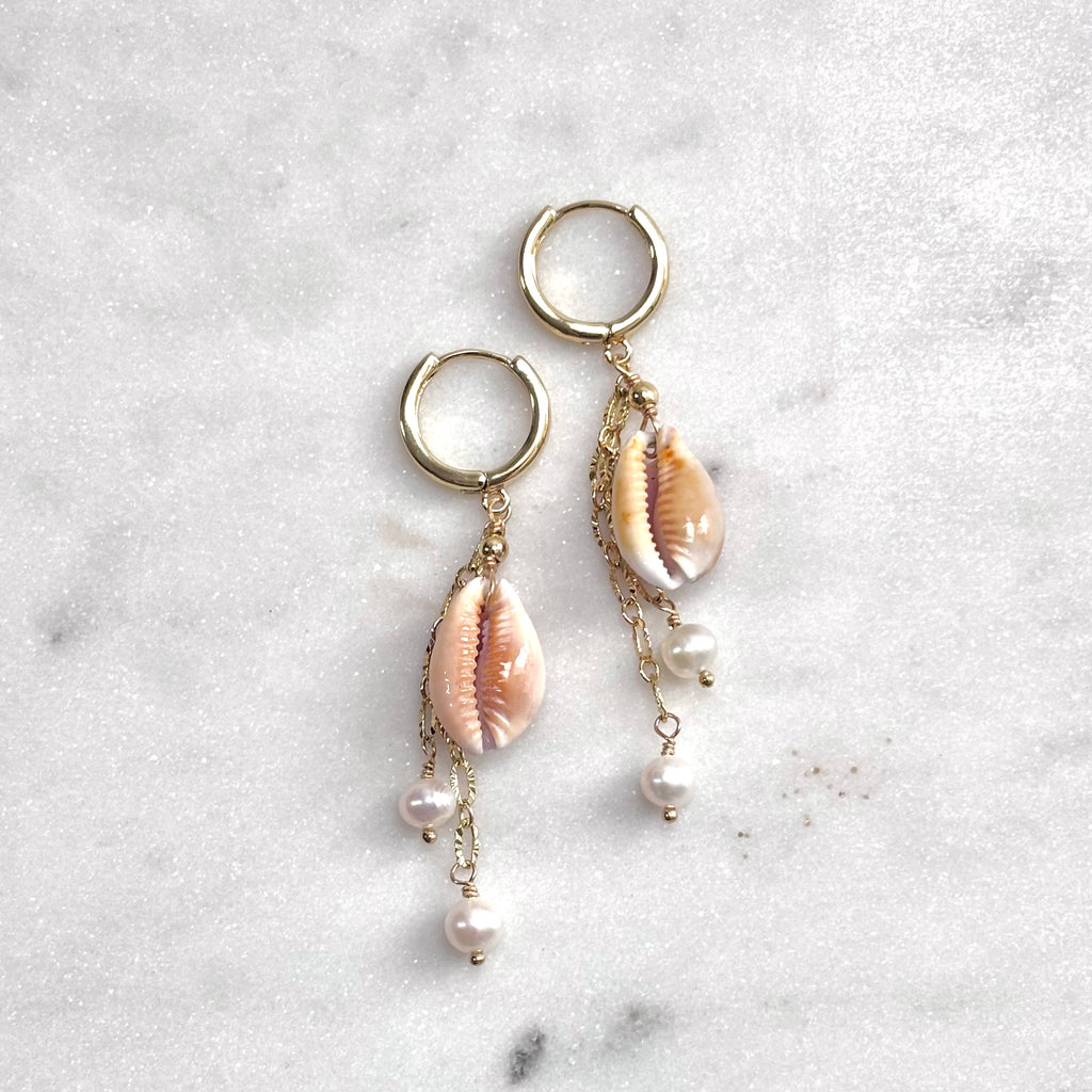 Cowry shell Earrings w/ white pearls