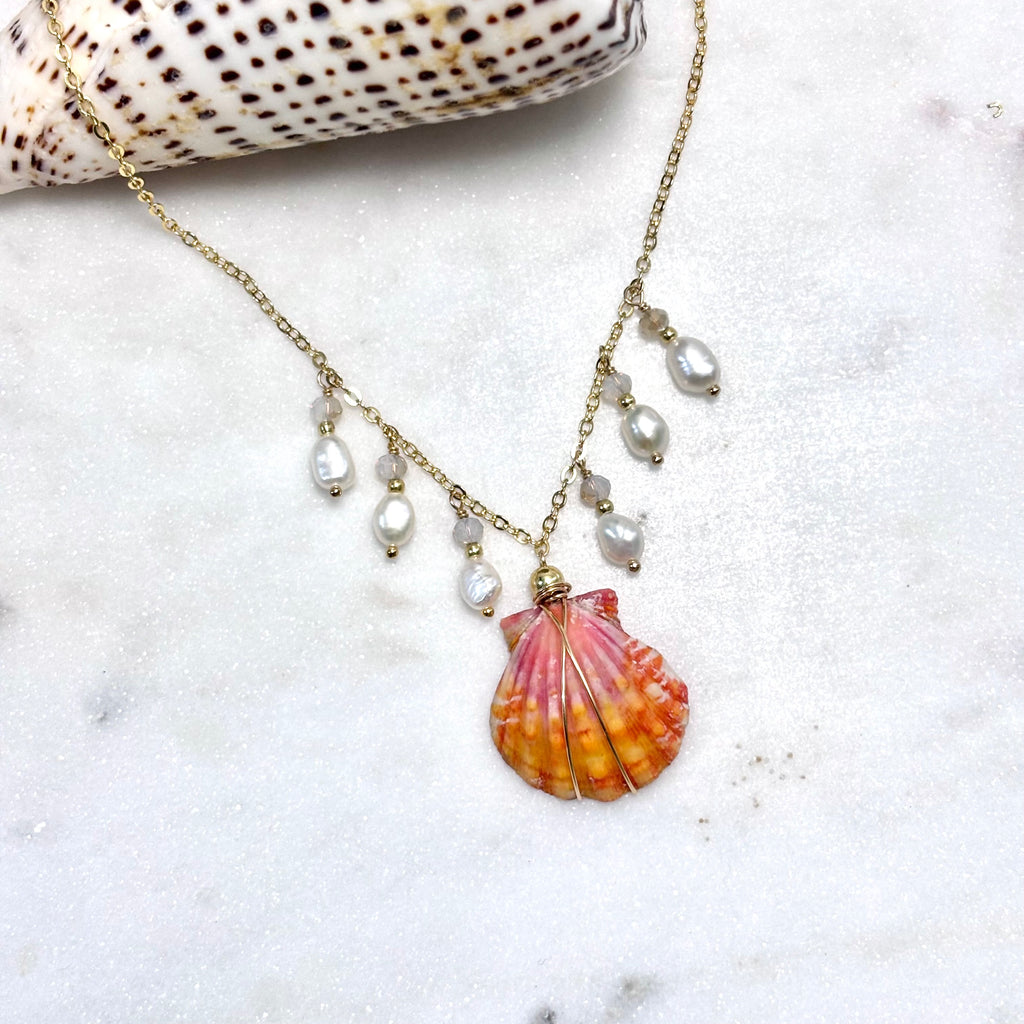 Hawaiian sunrise shell charm Necklace w/ white pearls