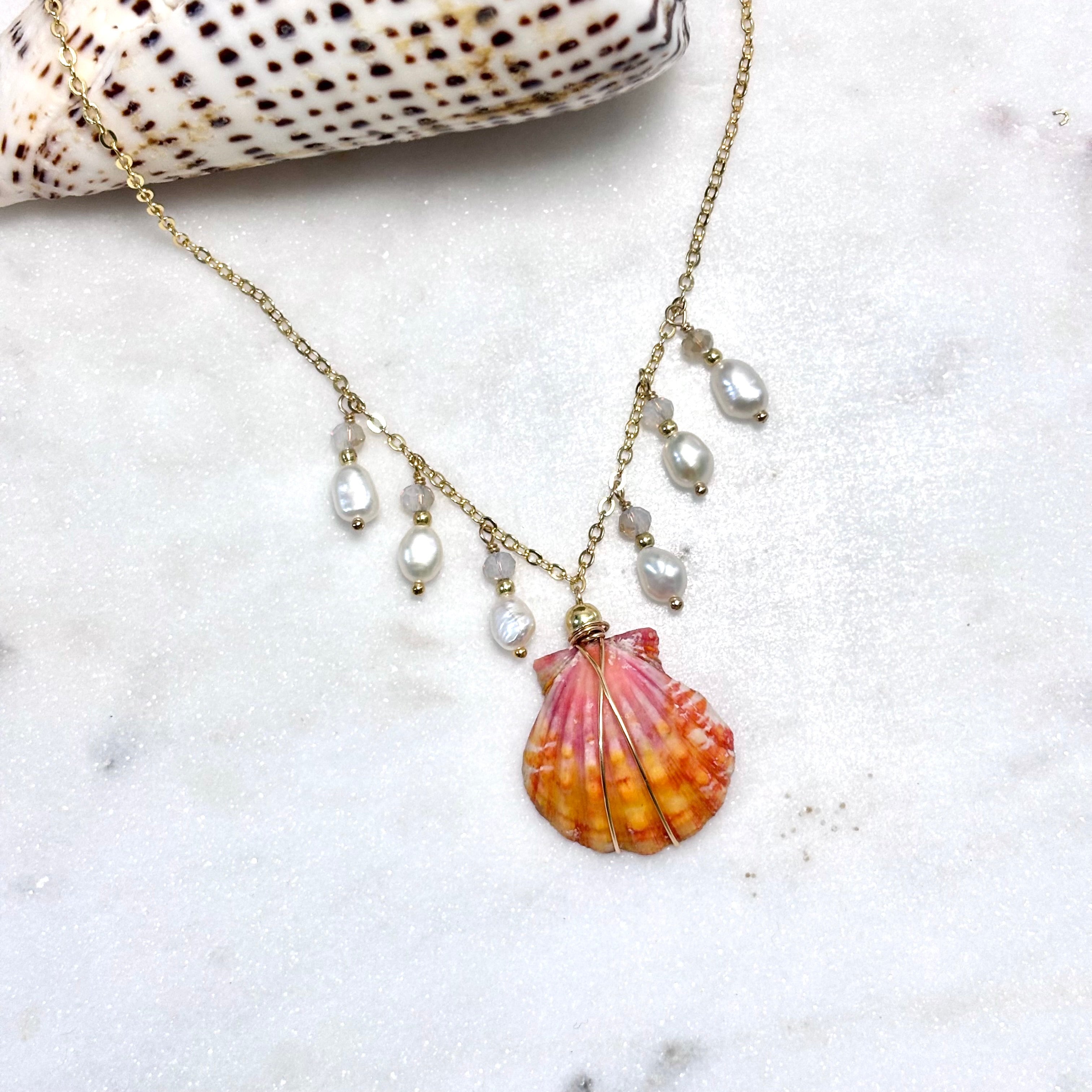 Hawaiian sunrise shell charm Necklace w/ white pearls