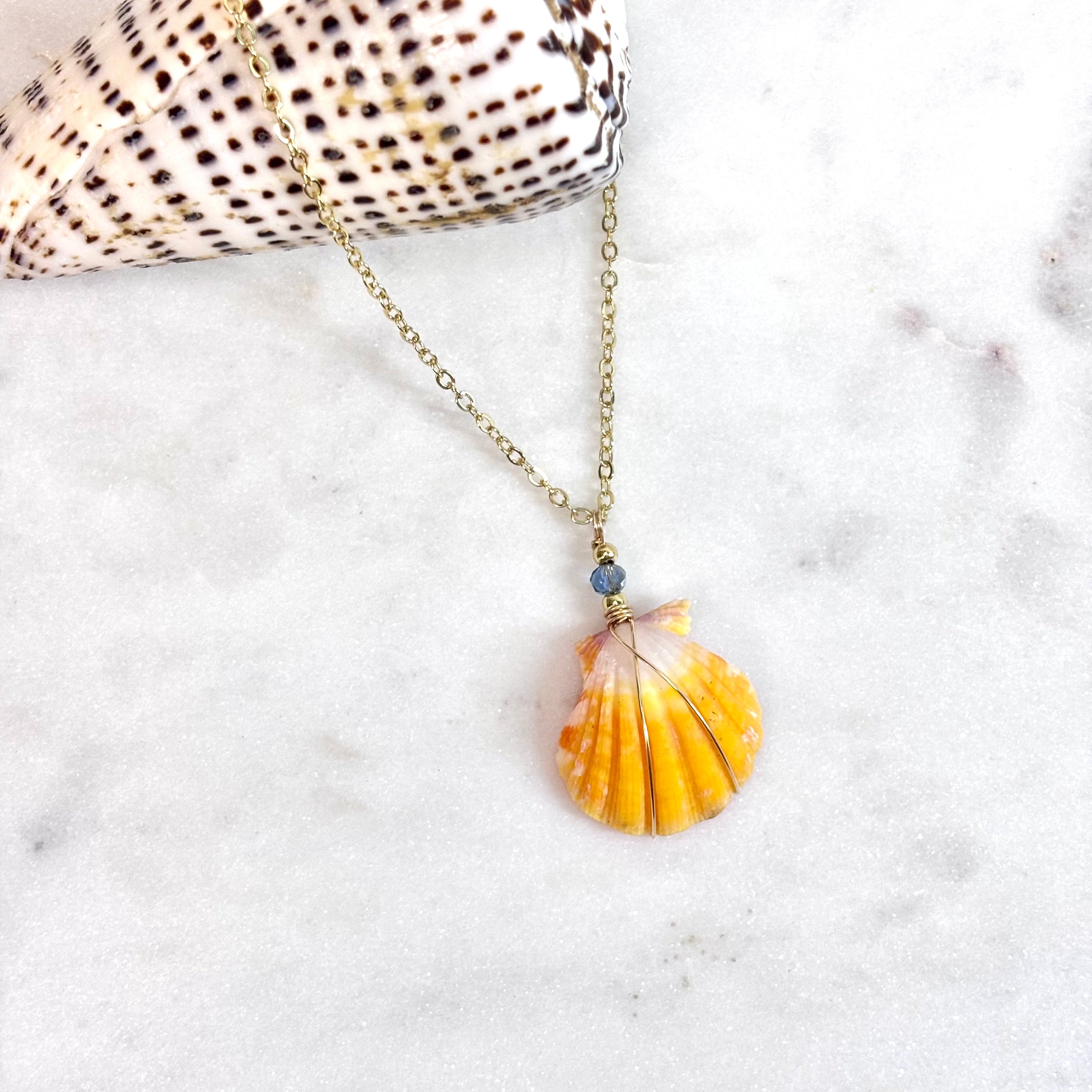 Hawaiian sunrise shell Necklace w/ blue beads