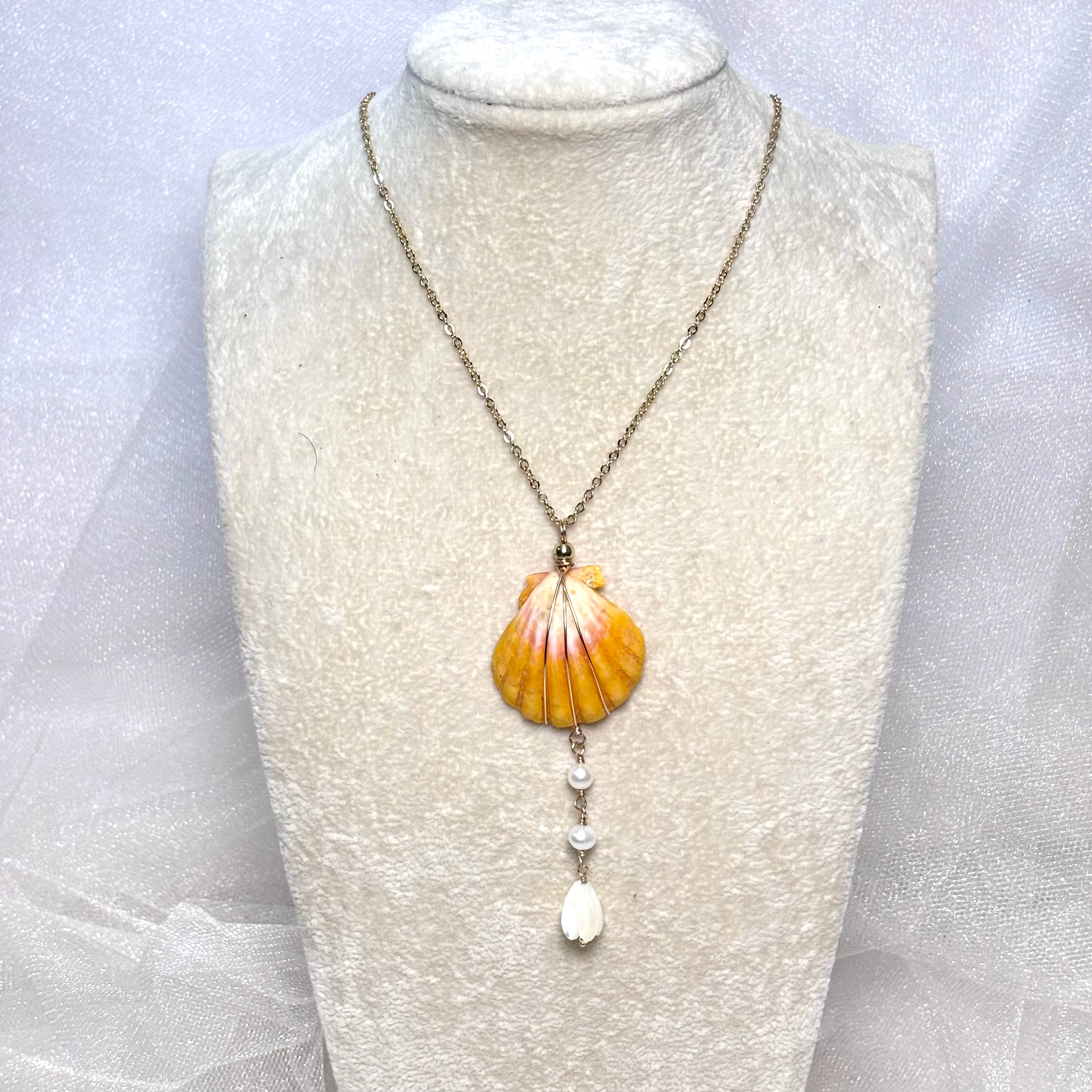 Hawaiian sunrise shell Necklace w/ white pearls and Pikake