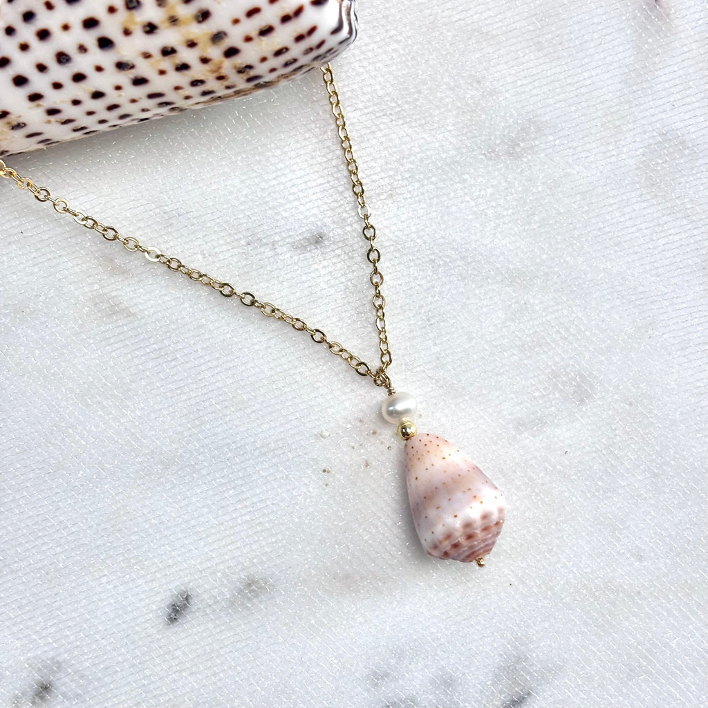 Abbreviated cone shell Necklace w/ white pearl