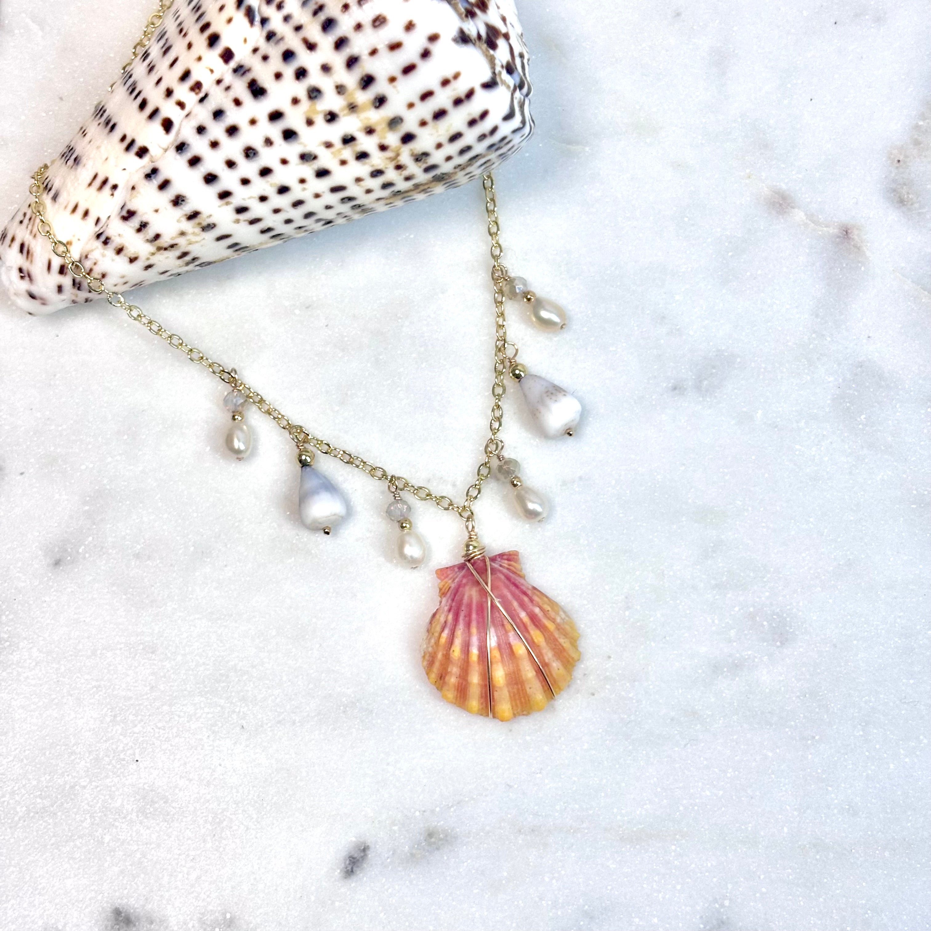 Hawaiian sunrise shell charm Necklace w/ tiny cone and white pearls