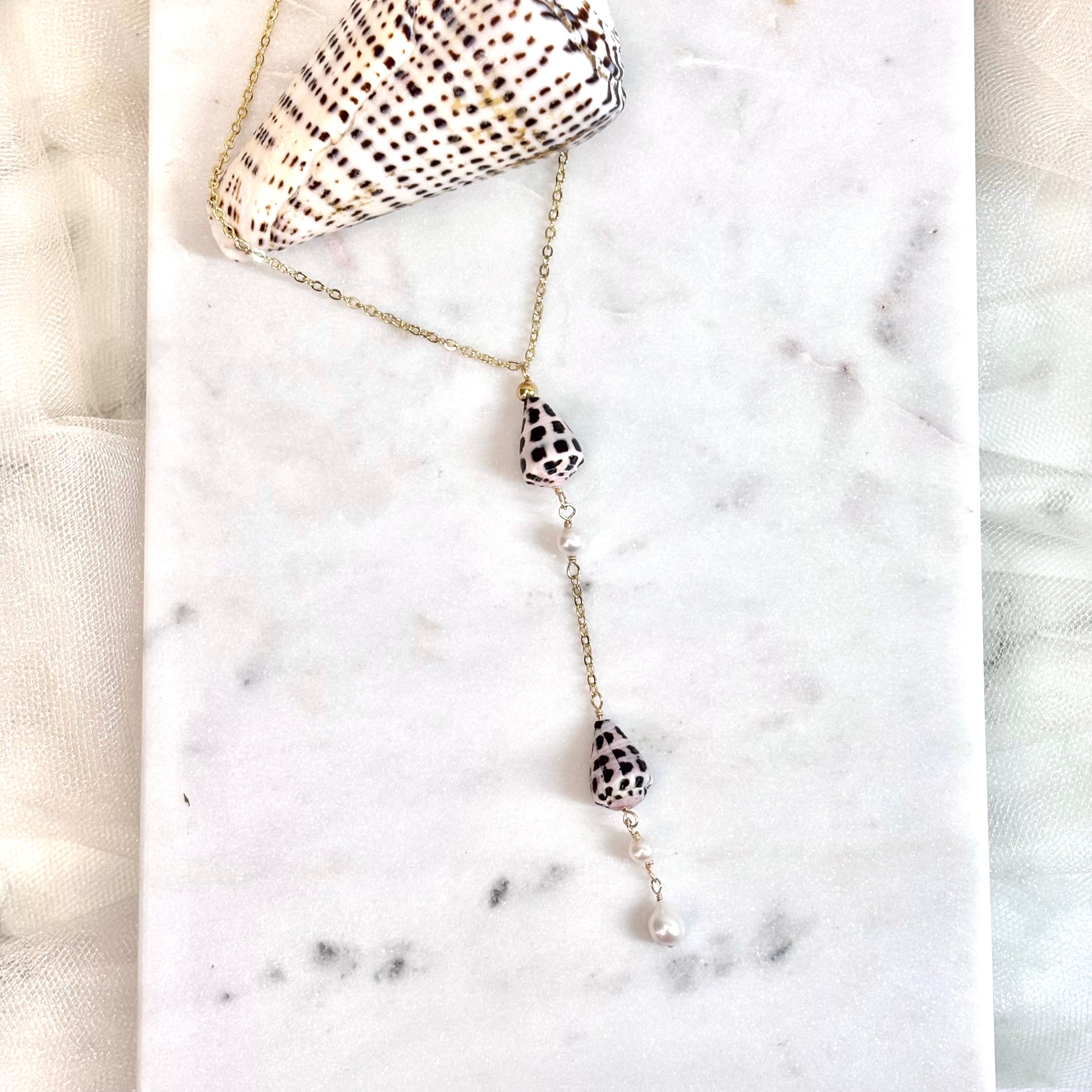Hebrew cone shell Lariat Necklace w/ white pearl