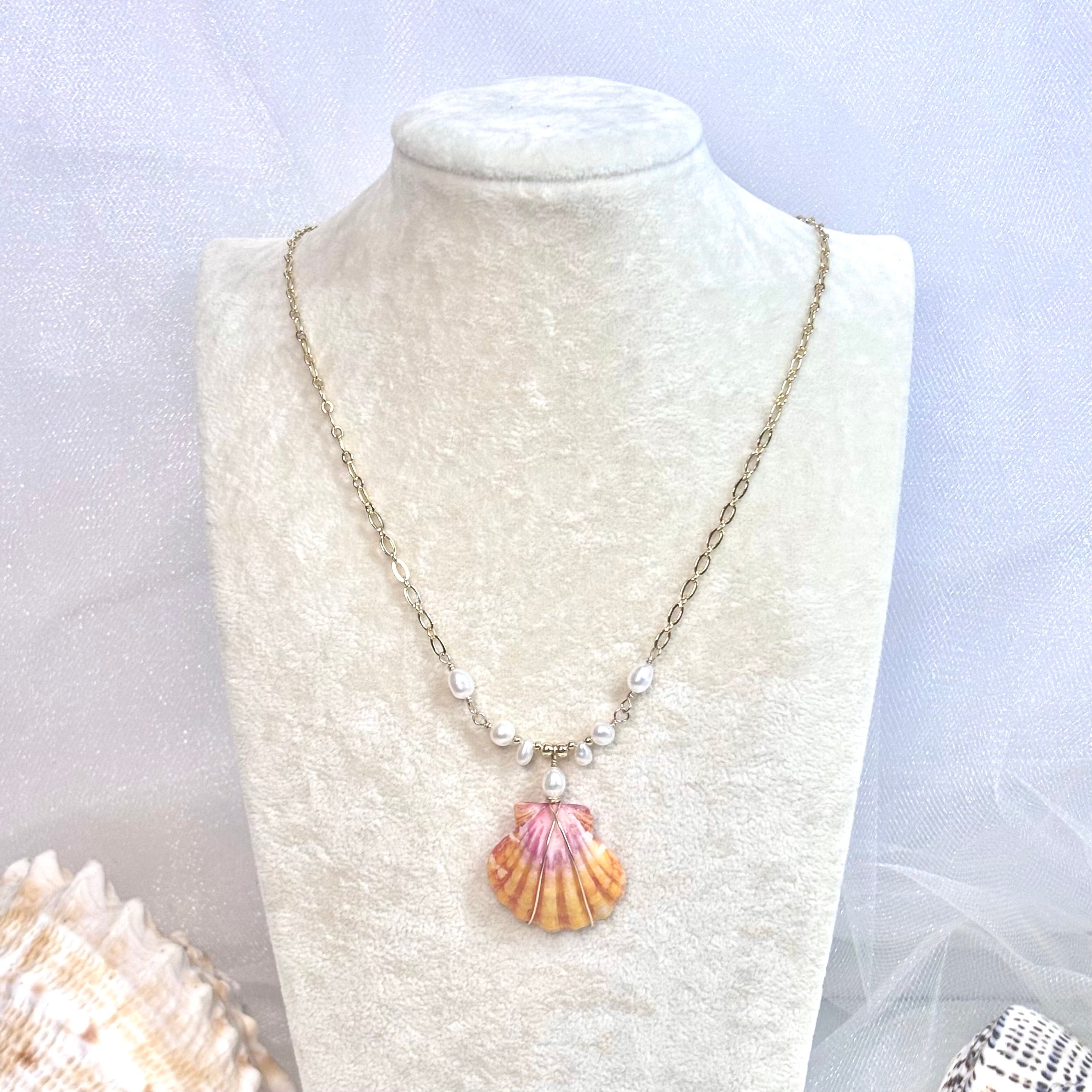 Hawaiian sunrise shell Necklace w/ white pearls