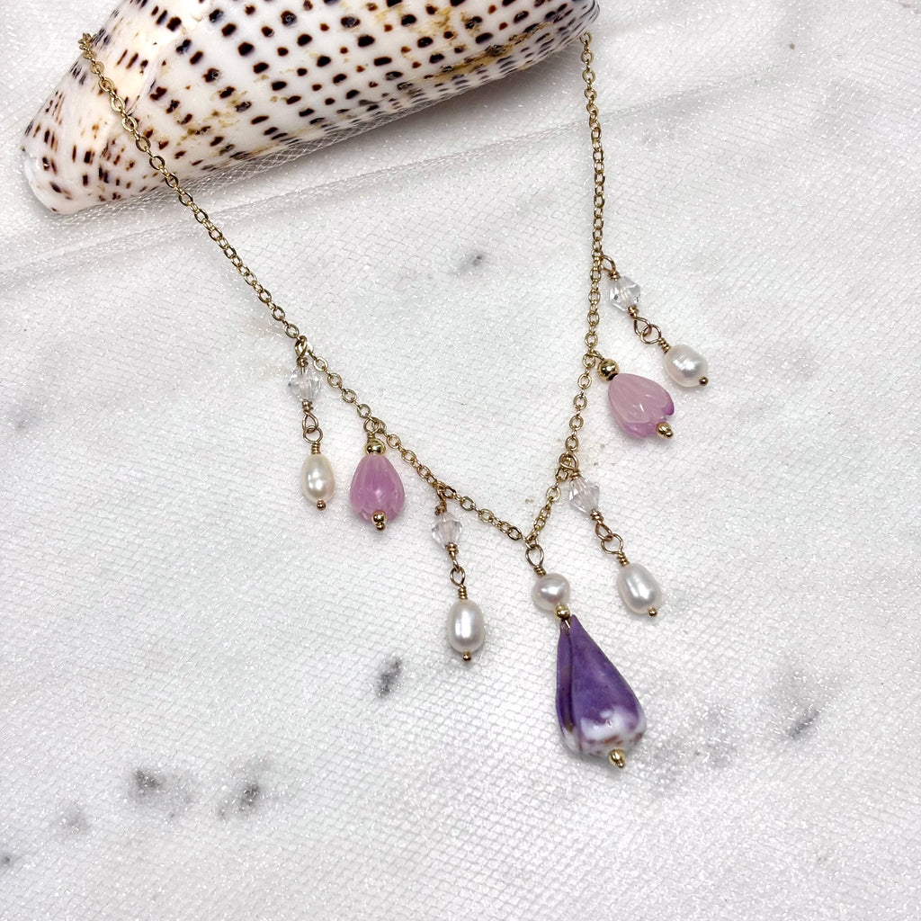 Purple cone shell charm Necklace w/ Pikake and white pearls