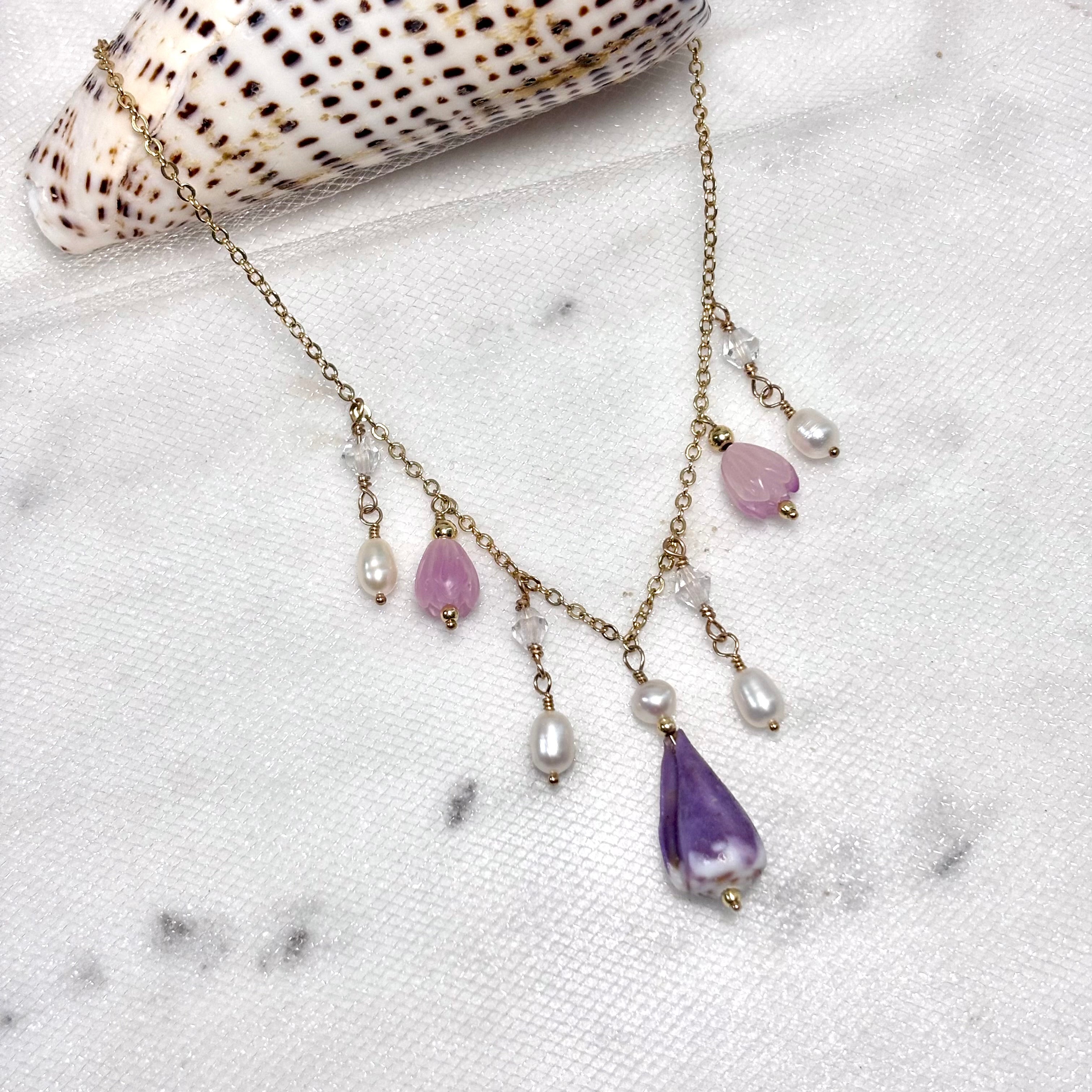 Purple cone shell charm Necklace w/ Pikake and white pearls