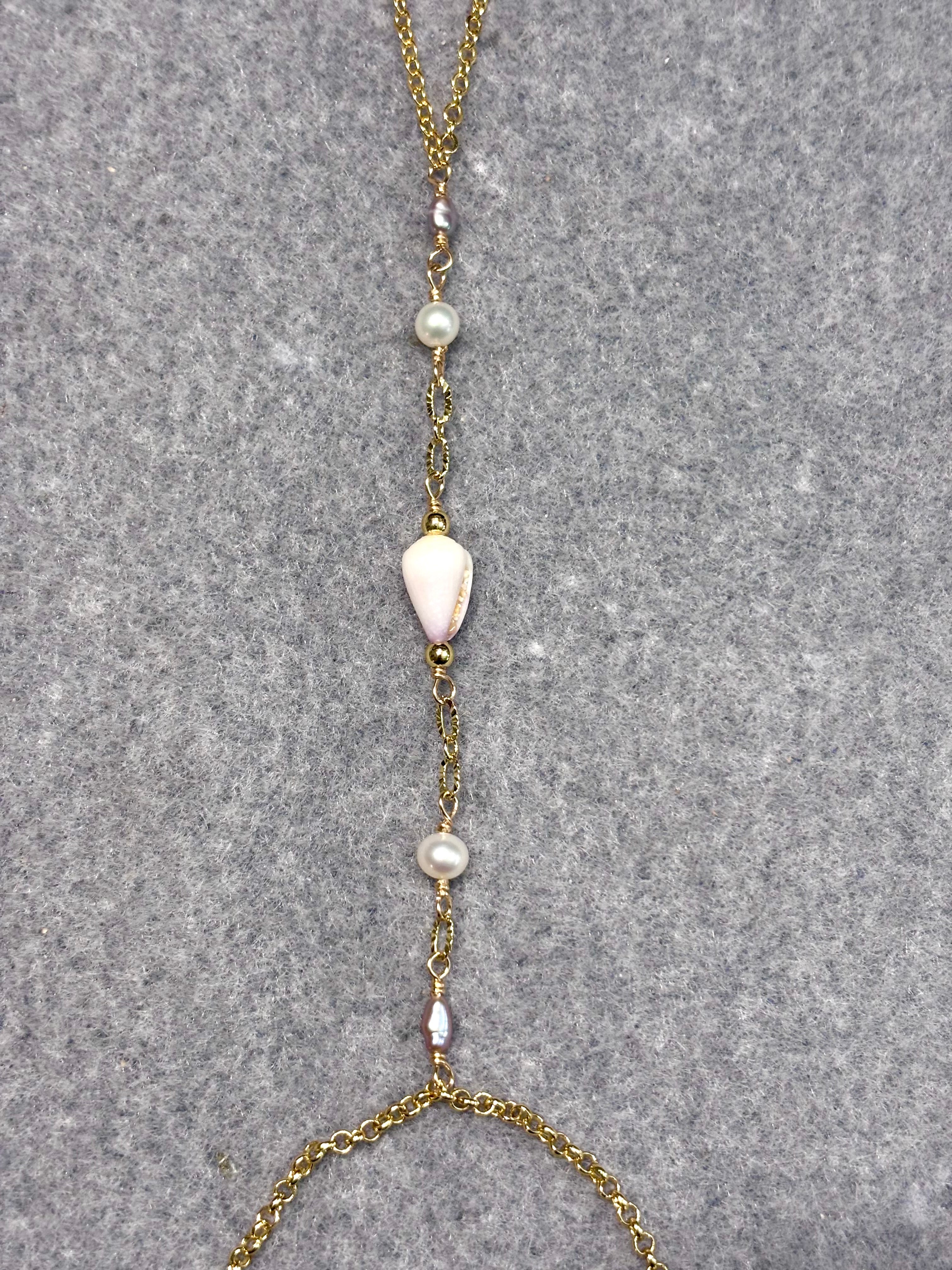 Cone shell handchain w/ white pearls