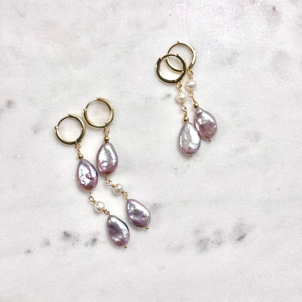 Pink teardrop Earrings w/ white pearls