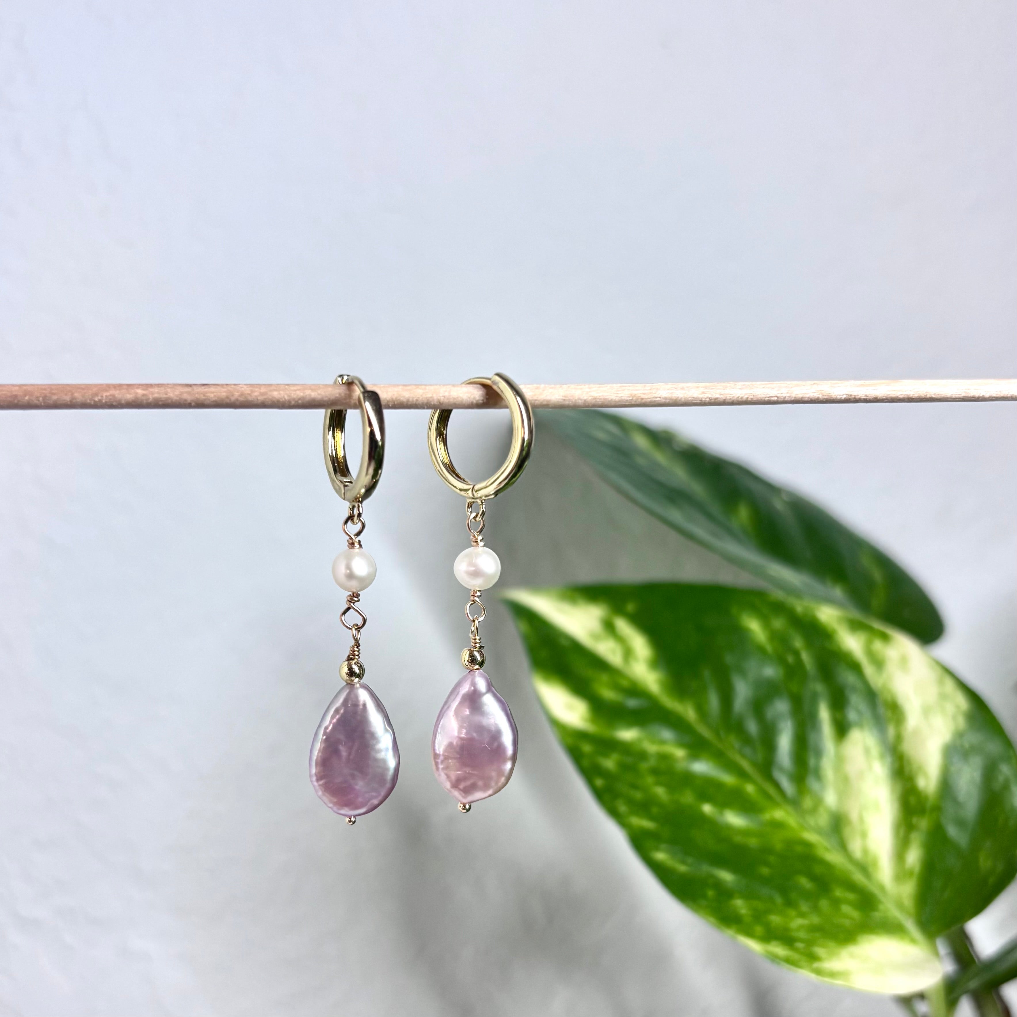 Pink teardrop Earrings w/ white pearls
