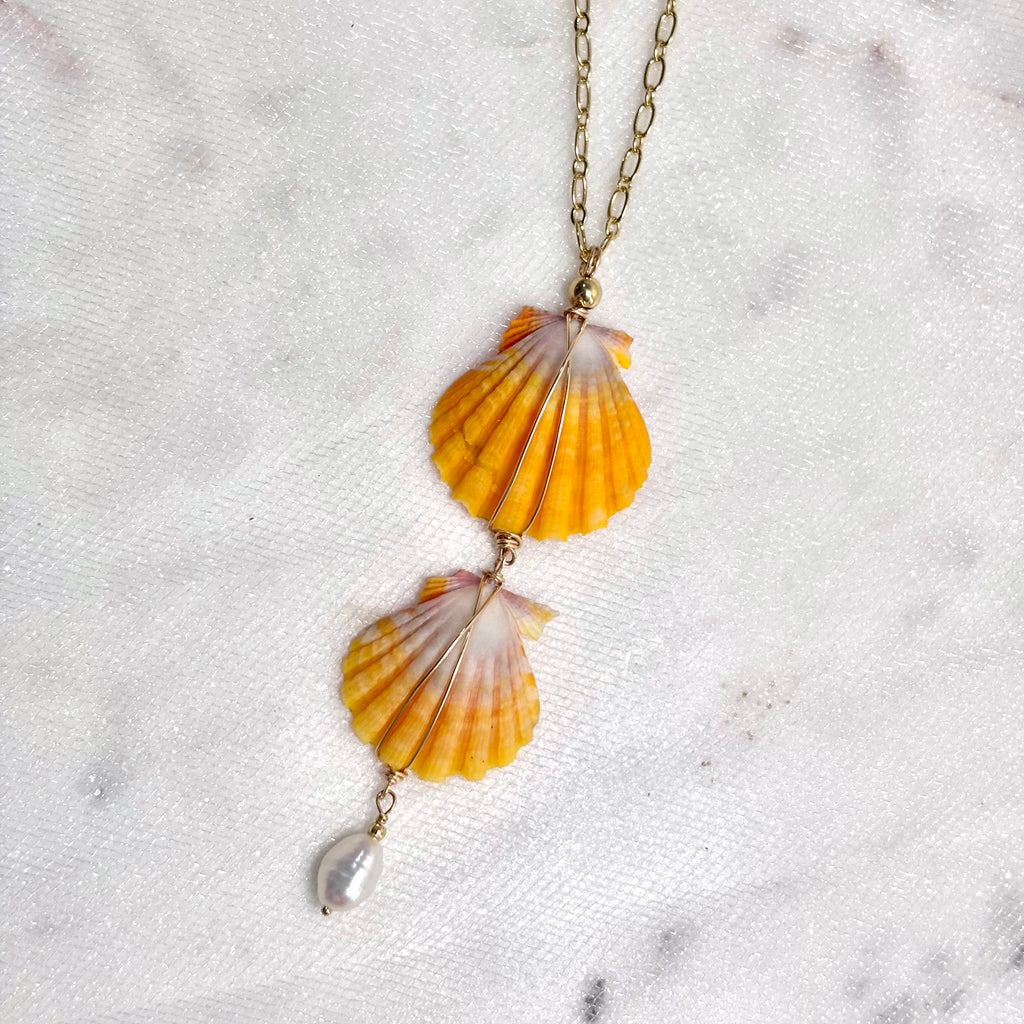Hawaiian sunrise shell double Necklace w/ white pearls