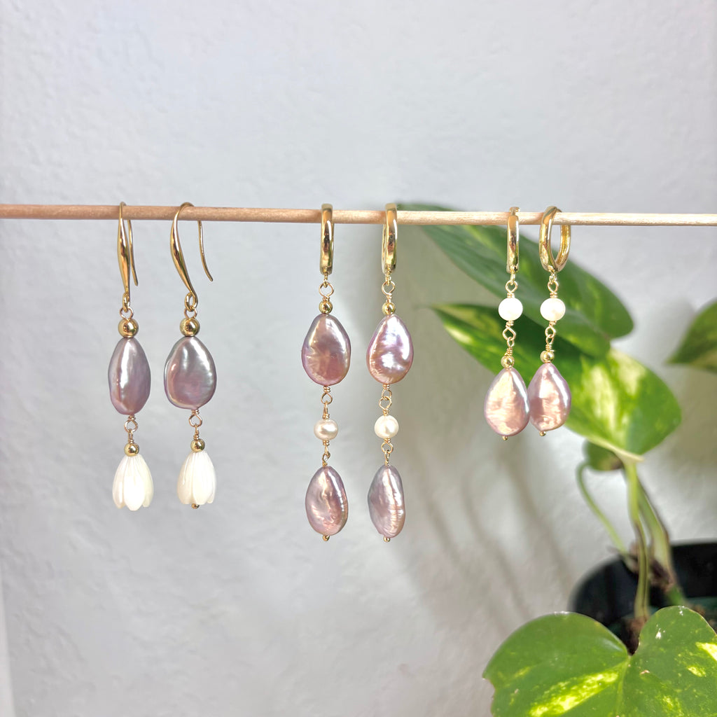 Pink teardrop Earrings w/ Pikake